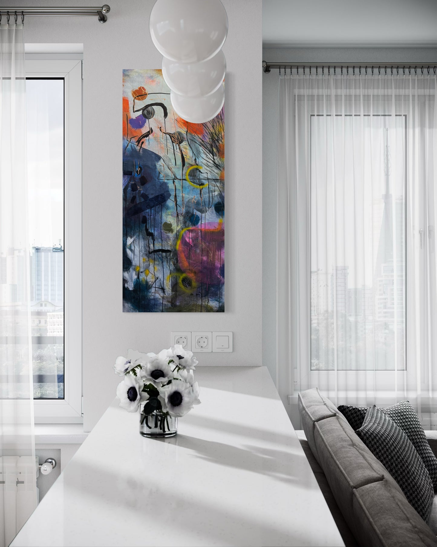 Lylaly Abstract Original Painting above white kitchencounter