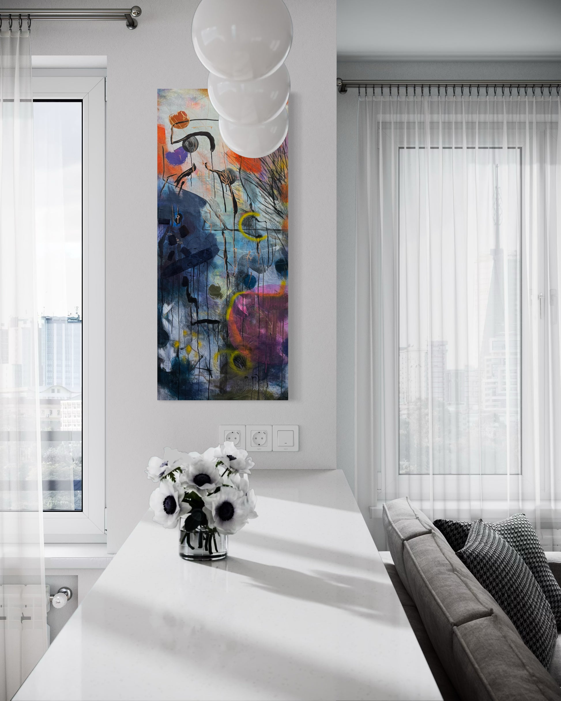 Lylaly Abstract Original Painting above white kitchencounter