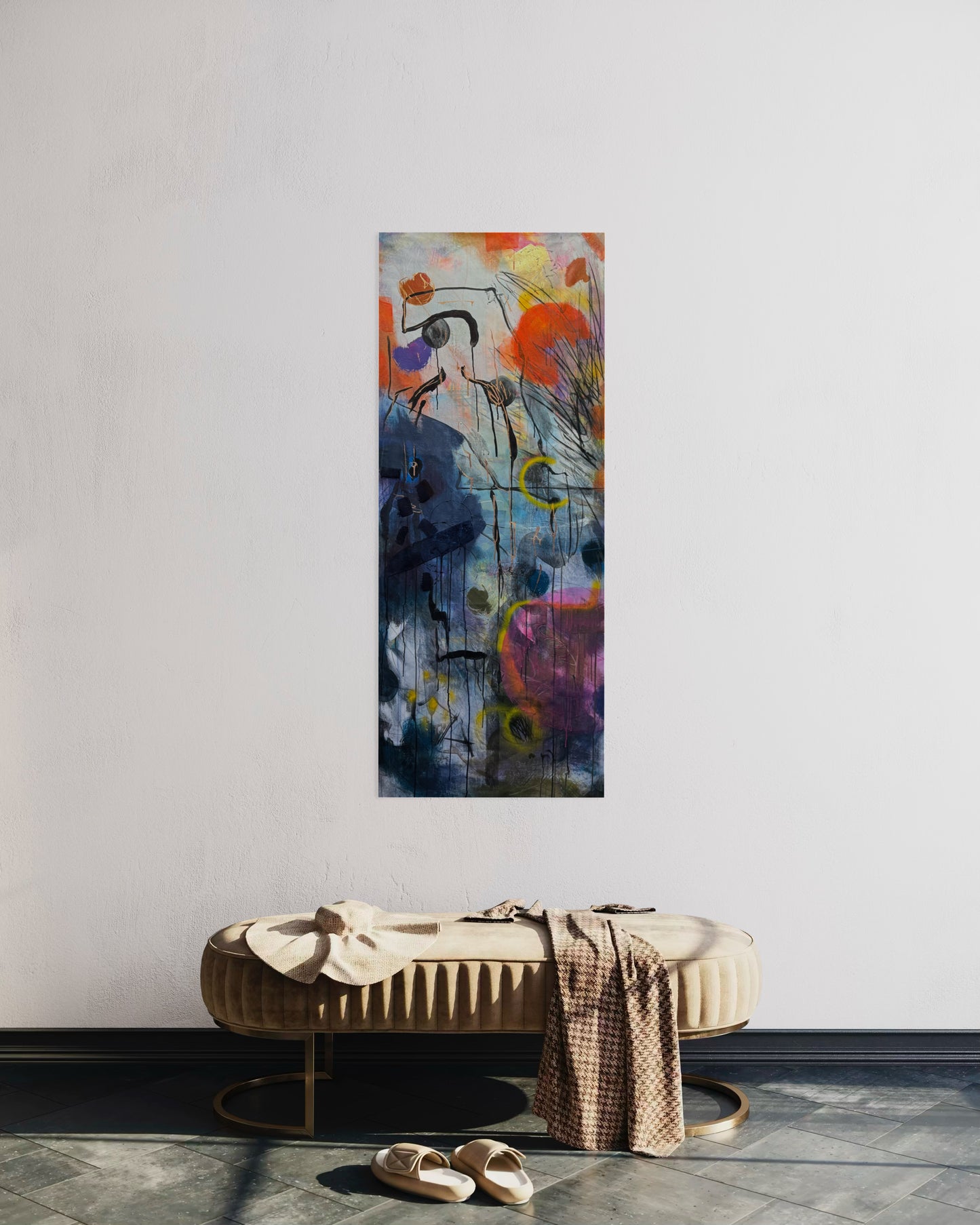 Lylaly Abstract Original Painting above upholstered bench