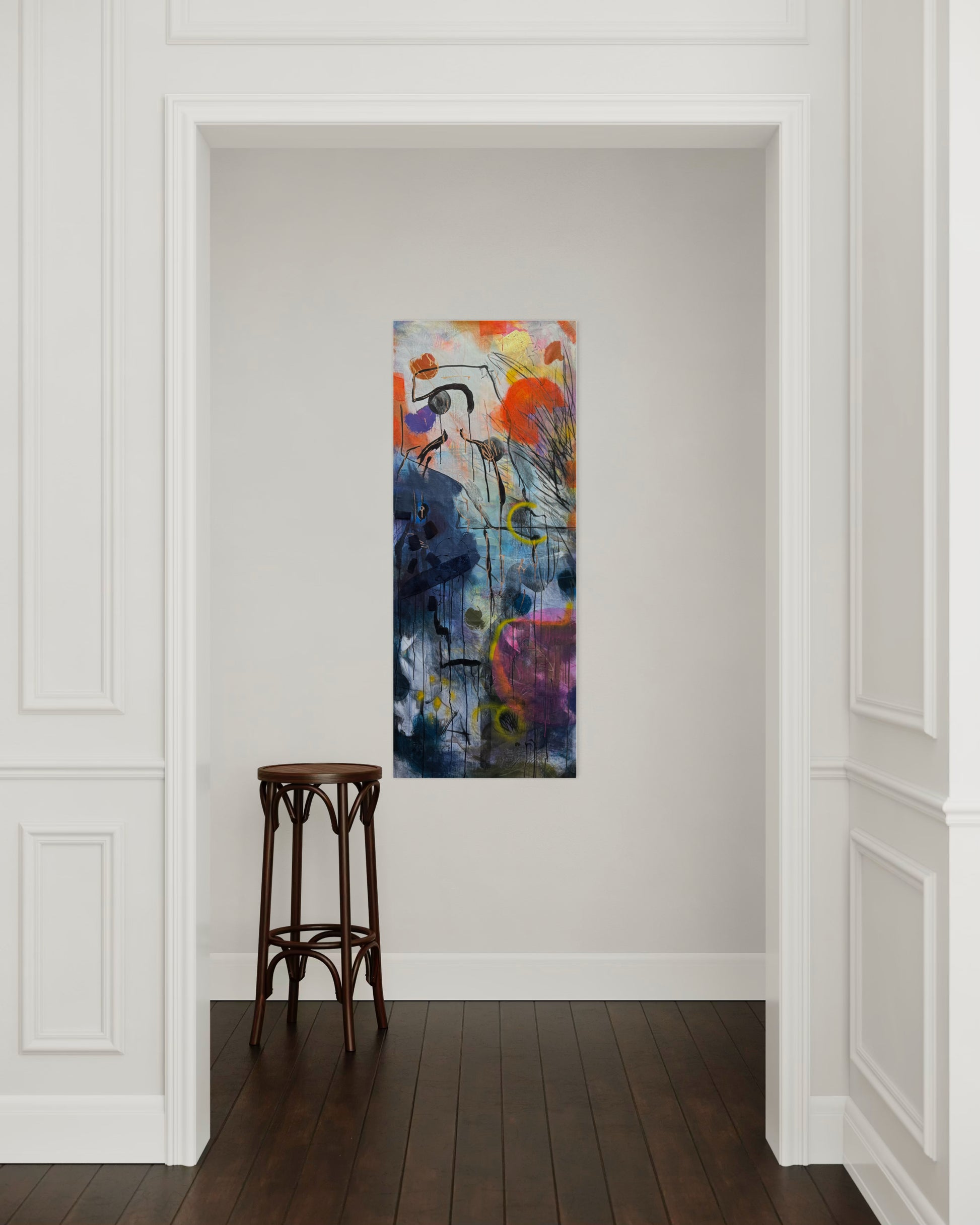 Lylaly Abstract Original Painting in gallery with barstool