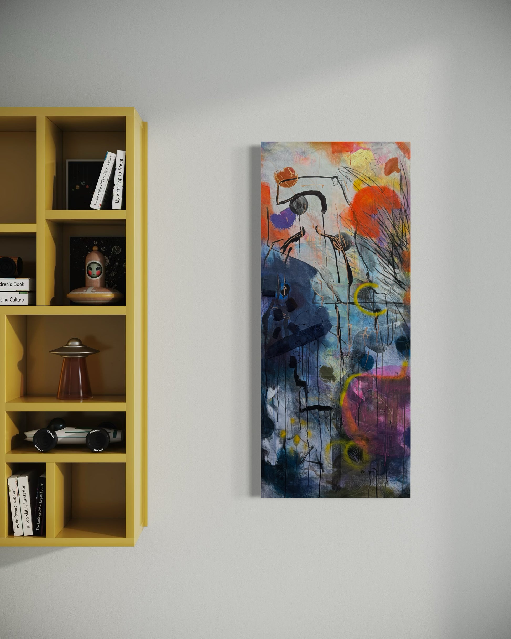 Lylaly Abstract Original Painting next to floating shelf