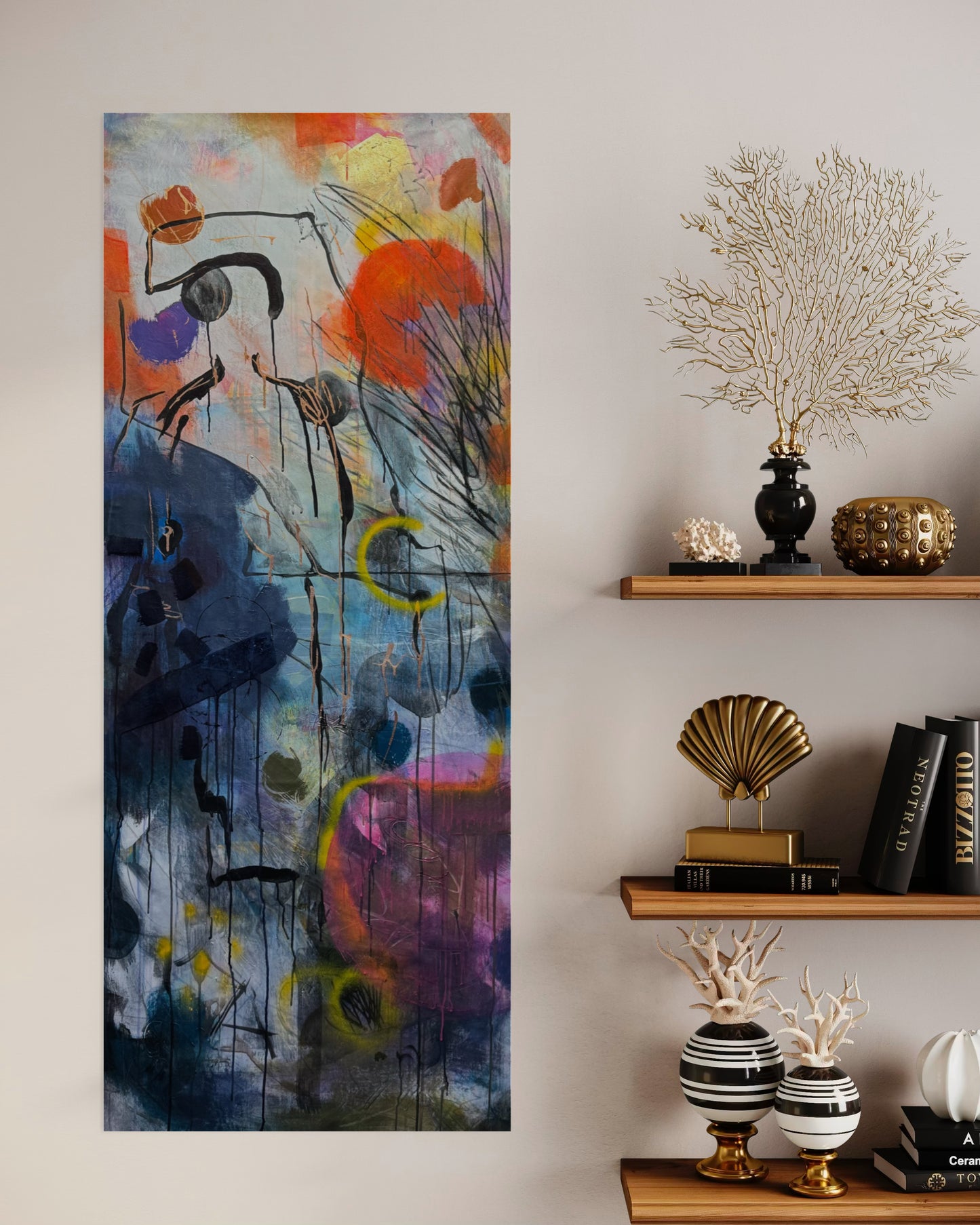 Lylaly Abstract Original Painting next to wall shelf