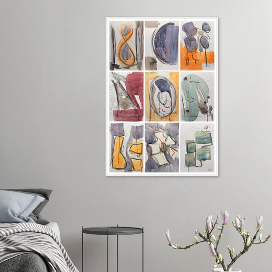 MINIMAL MOMENTS Wall Art Set Poster Print 9X above bed with flower vase in bedroom