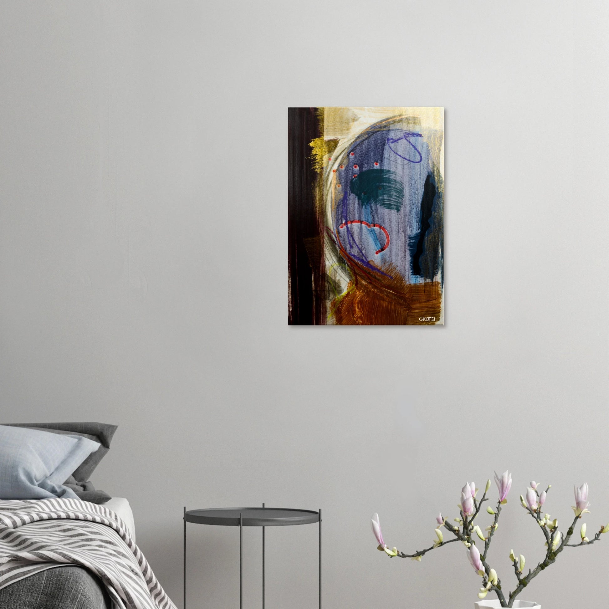 MOONY canvas print above bed with flower vase in bedroom