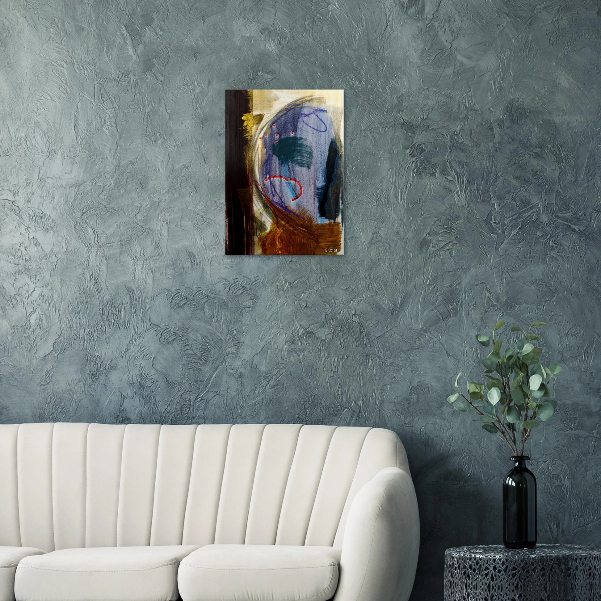 MOONY canvas print above grey sofa in living room