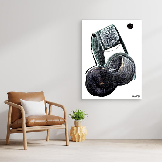 MUSIKNOTE canvas above wooden chair with small plant