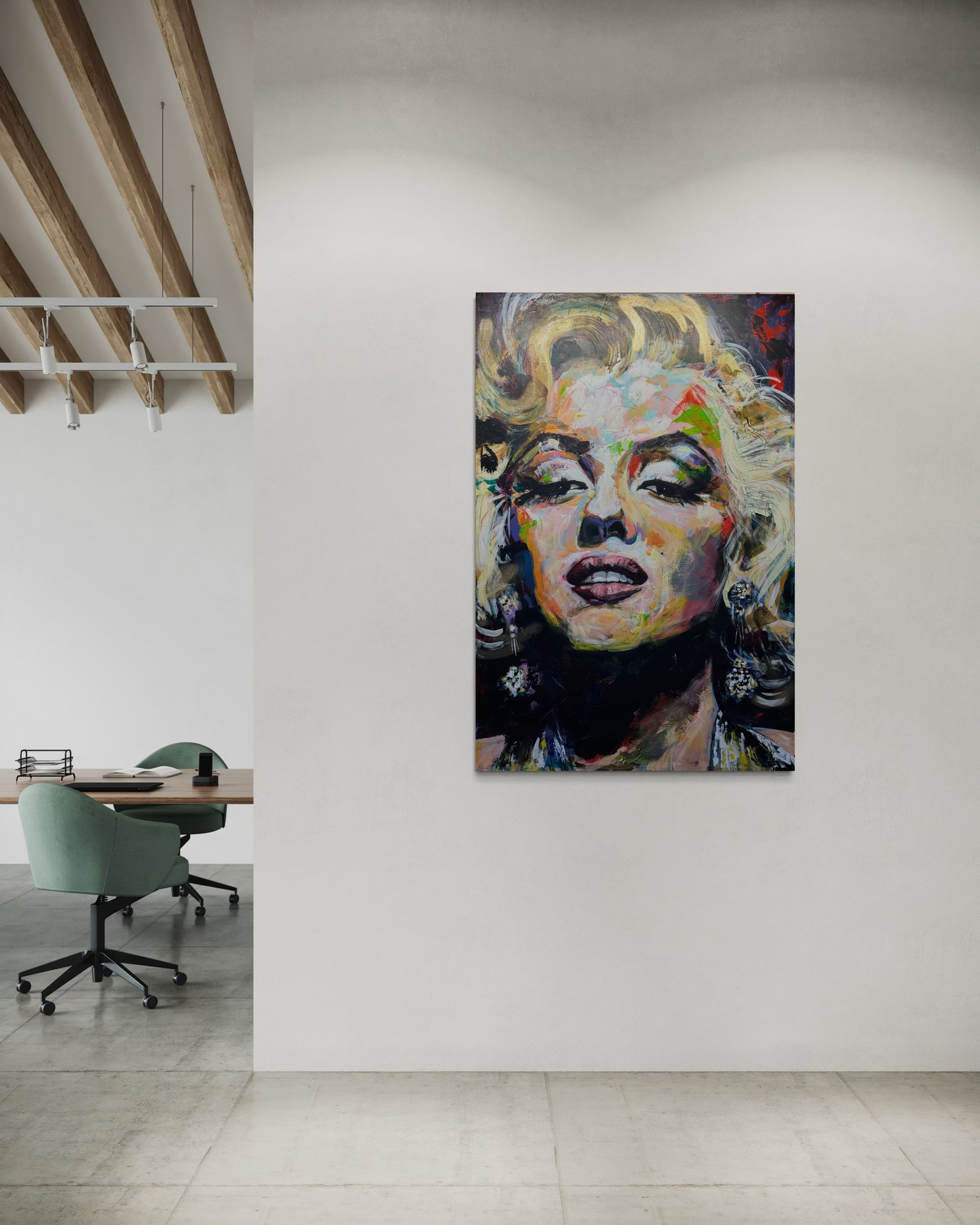 Marilyn Monroe Portrait Original Painting in modern loft office