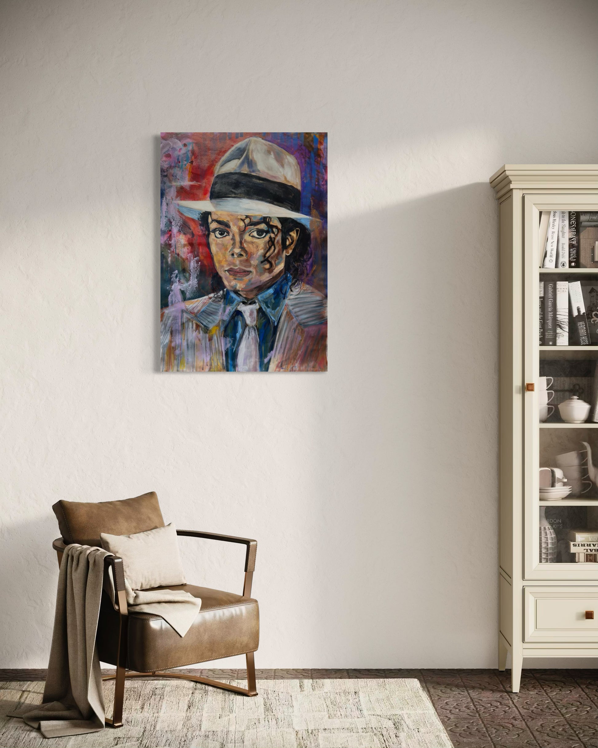 Michael Jackson Portrait Original Painting above leather chair and next to cabinet
