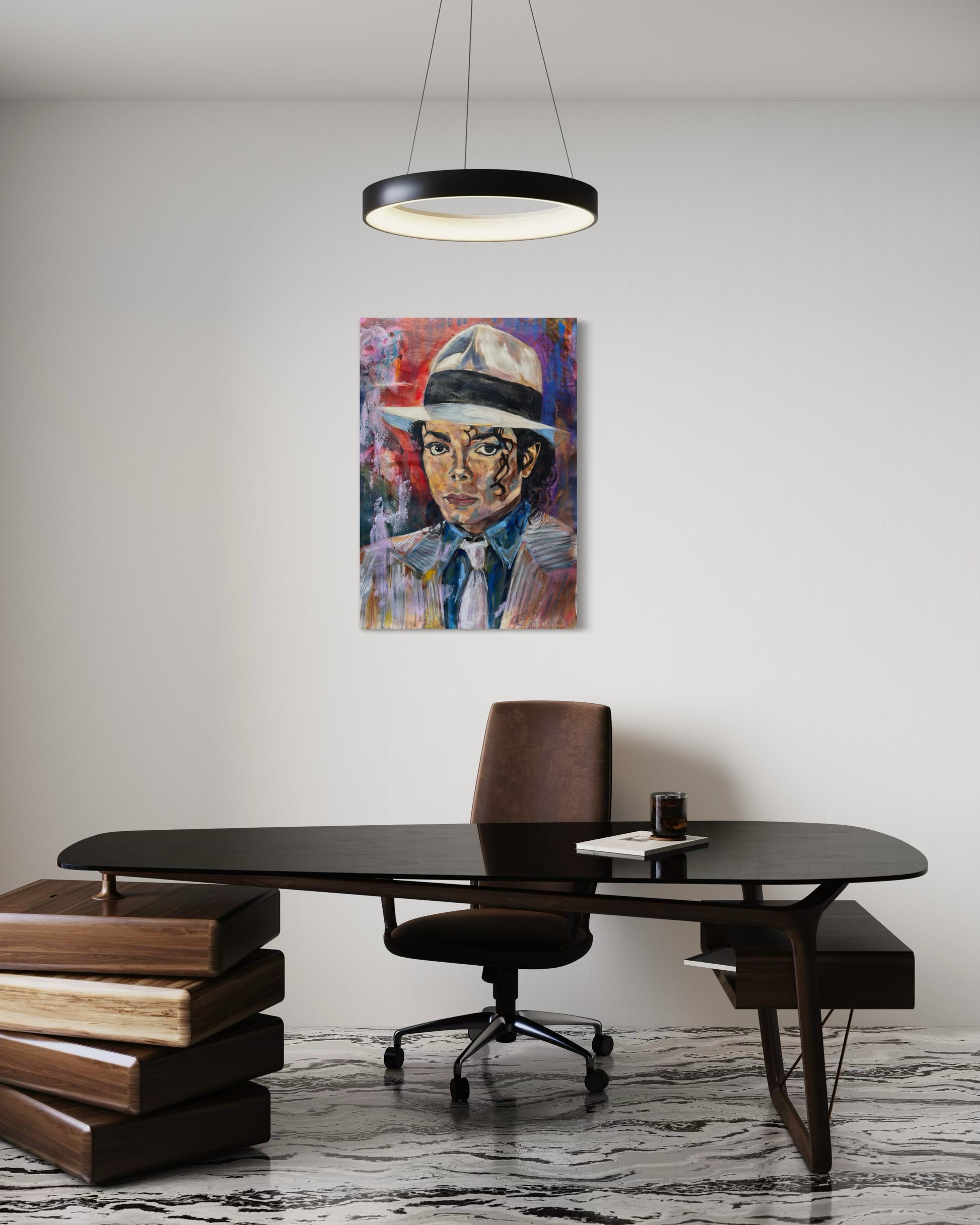 Michael Jackson Portrait Original Painting above an ultra modern office desk