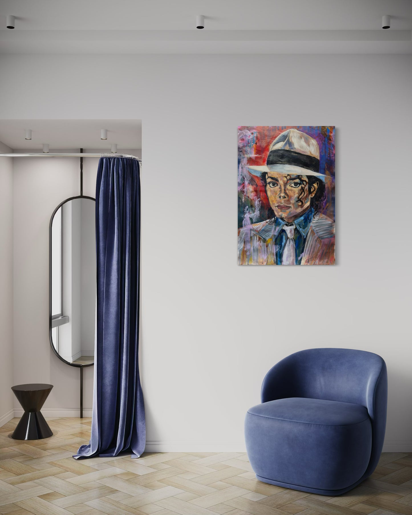 Michael Jackson Portrait Original Painting in a dressing room with purple curtain