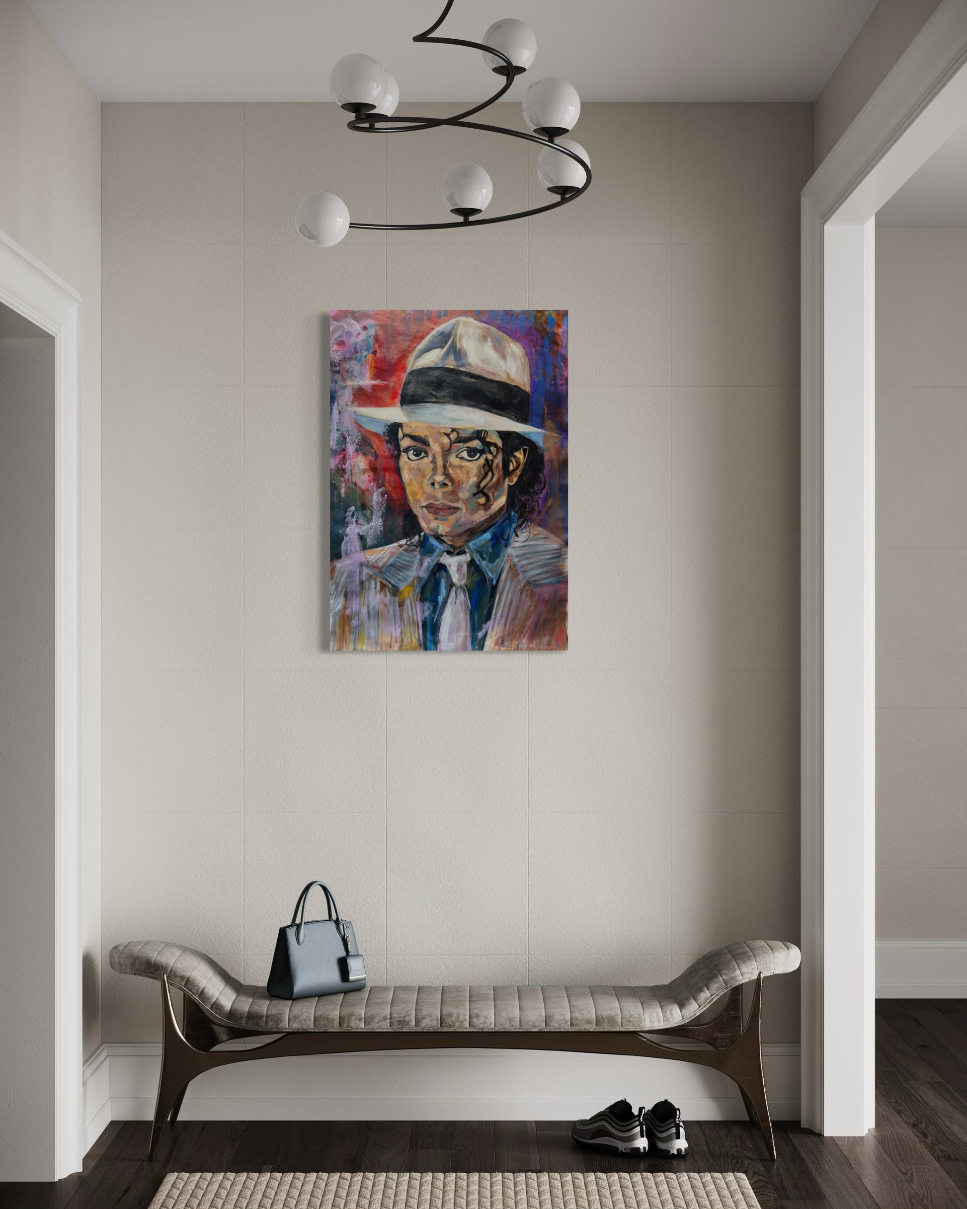 Michael Jackson Portrait Original Painting in the hallway above a divan