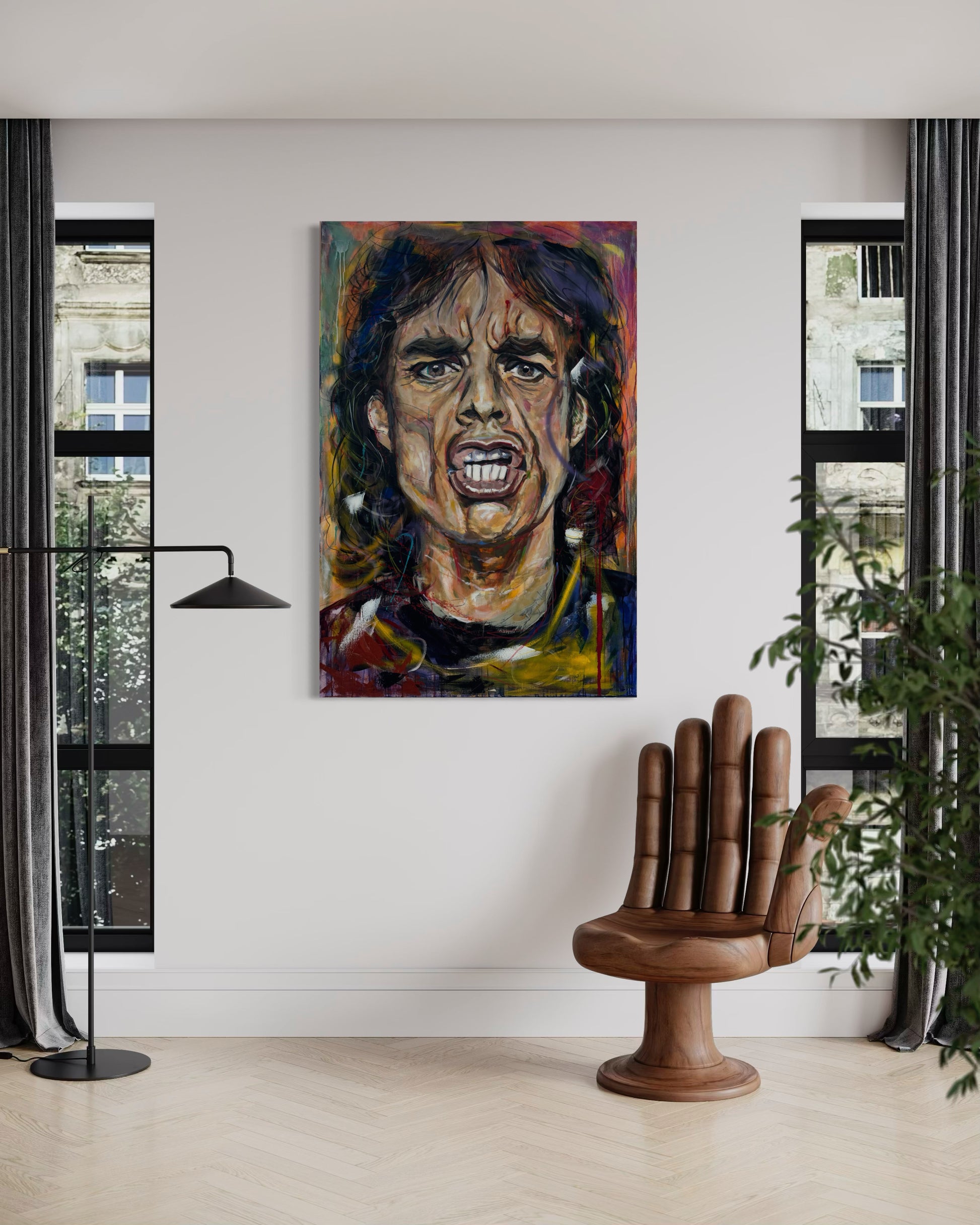 Mick Jagger Portrait Original Painting in living room with armchair like a palm tree