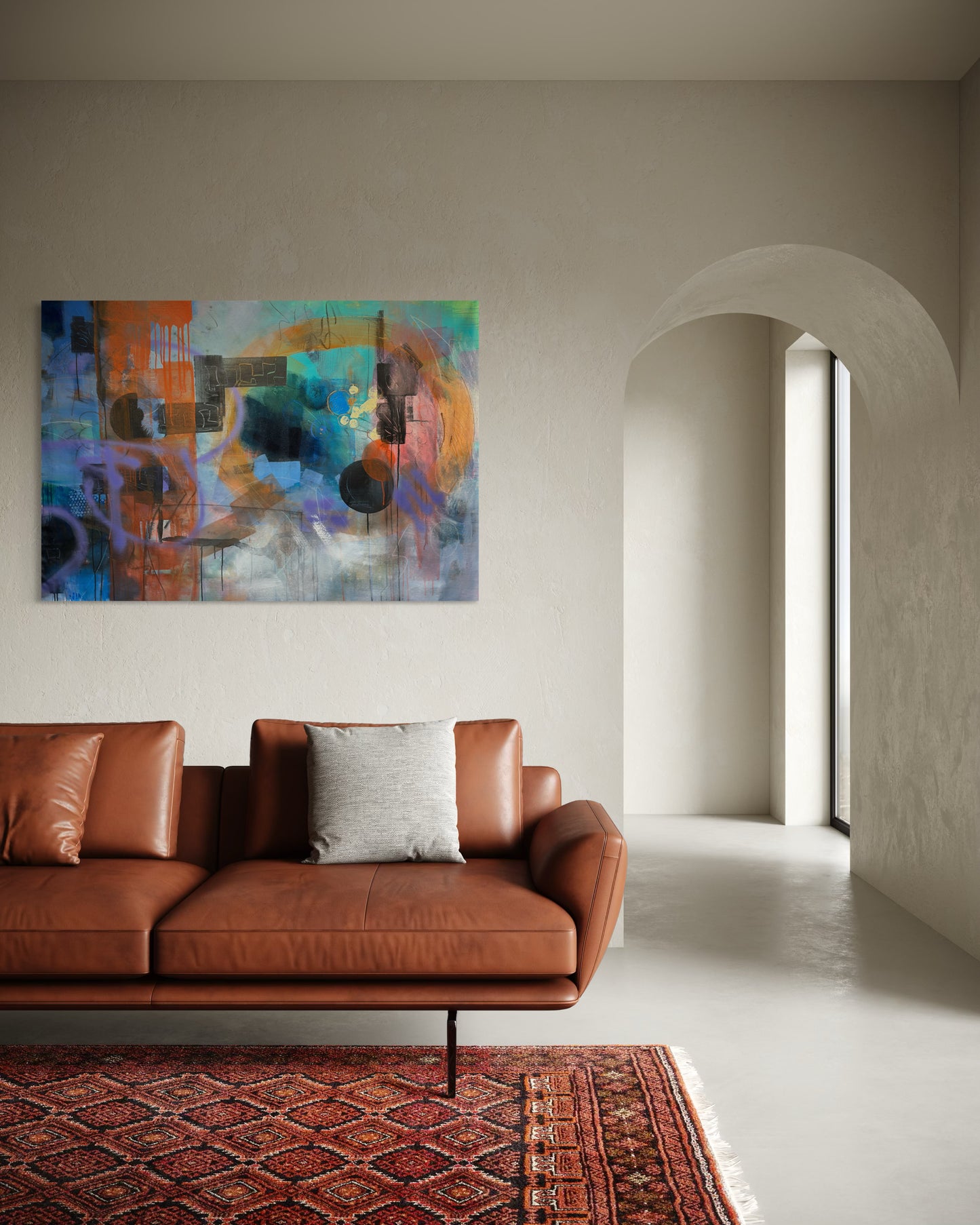 Moonlight Abstract Original Painting in classic minimalist room with carpet