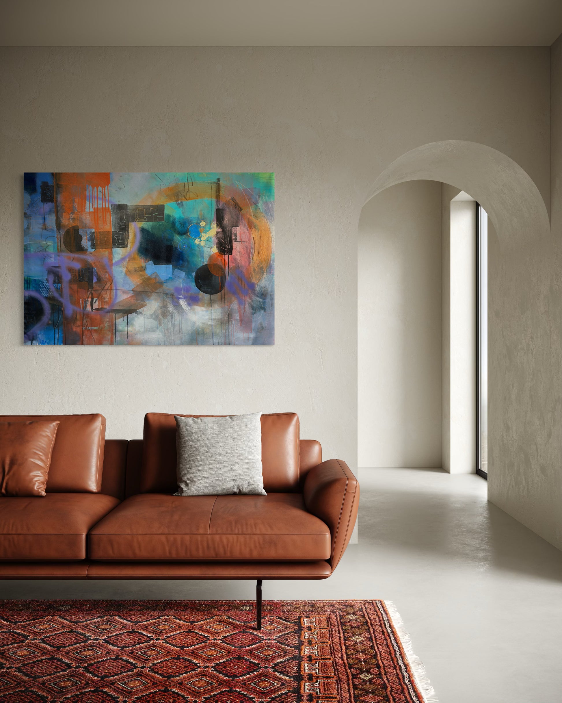Moonlight Abstract Original Painting in classic minimalist room with carpet
