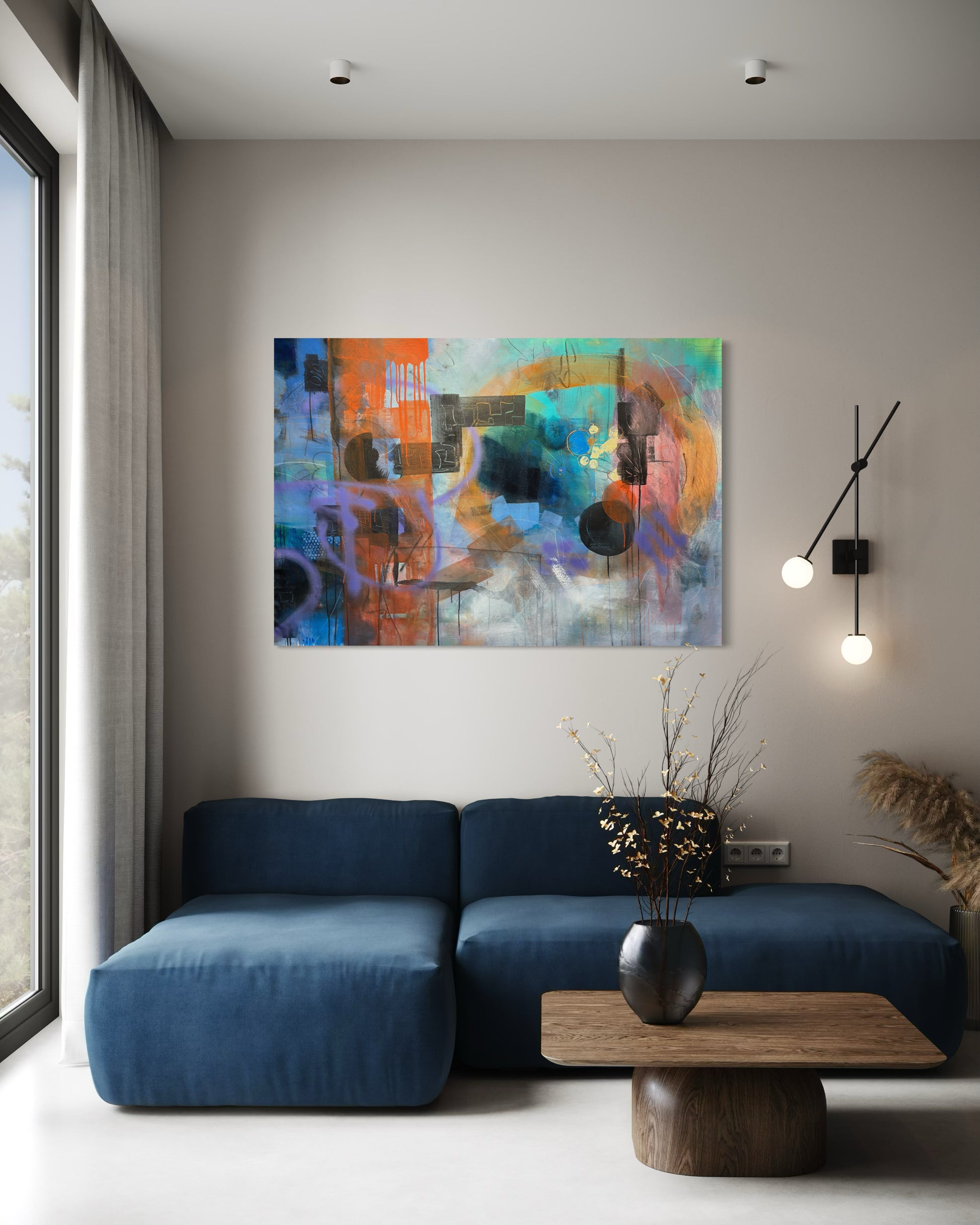 Moonlight Abstract Original Painting over cozy lounge area