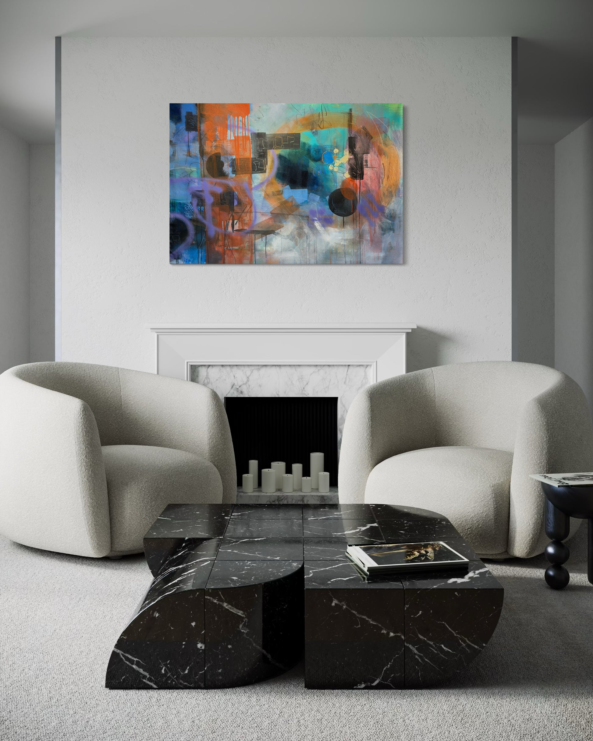Moonlight Abstract Original Painting with white sofas marble table and fireplace