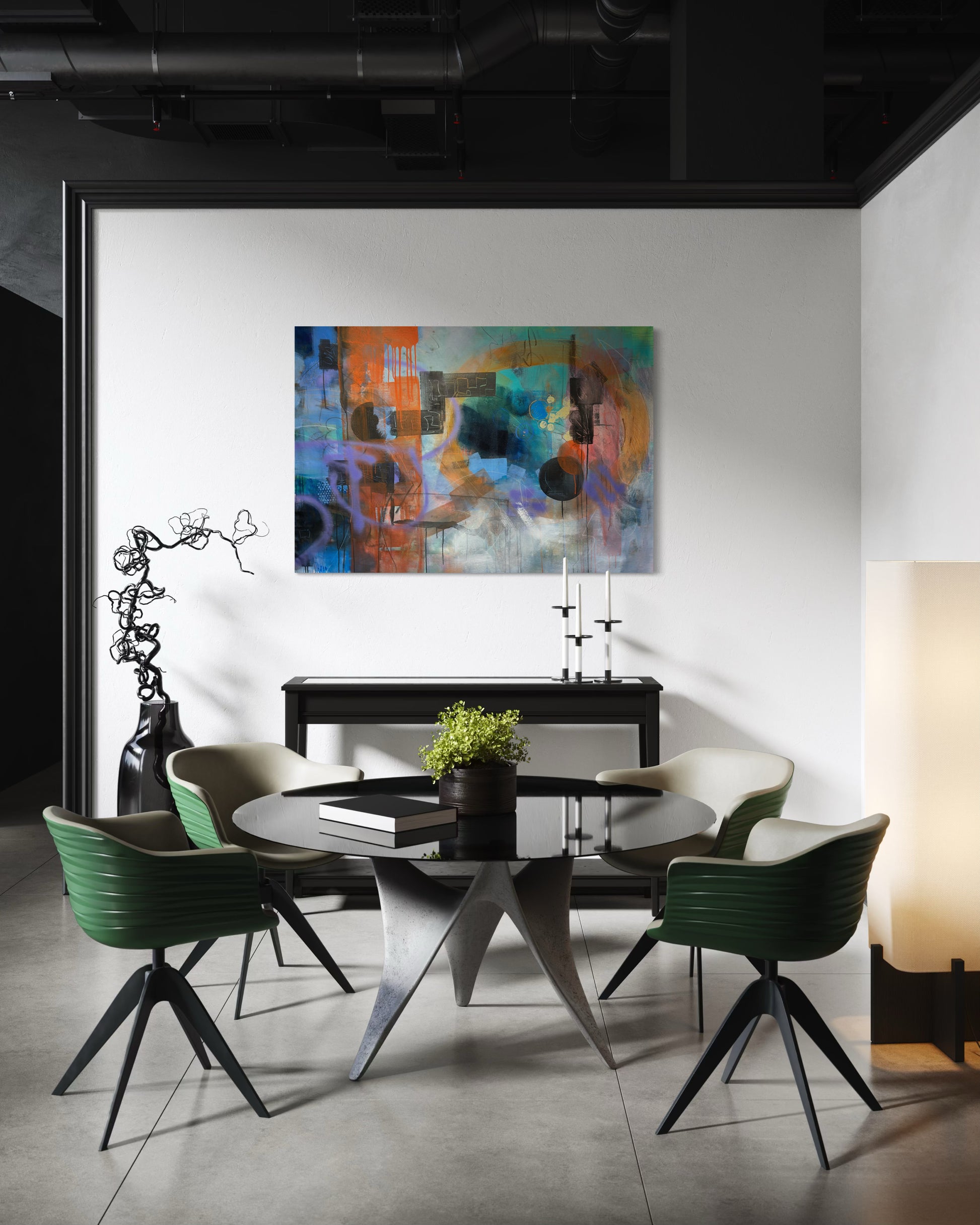 Moonlight Abstract Original Painting in minimalist room with reading table area