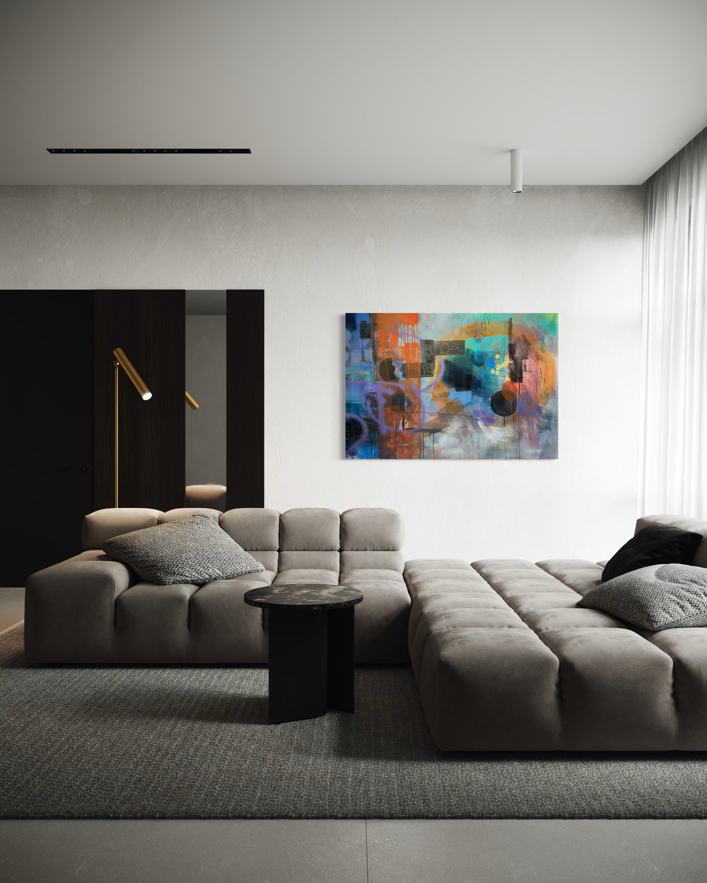 Moonlight Abstract Original Painting in modern grey living room