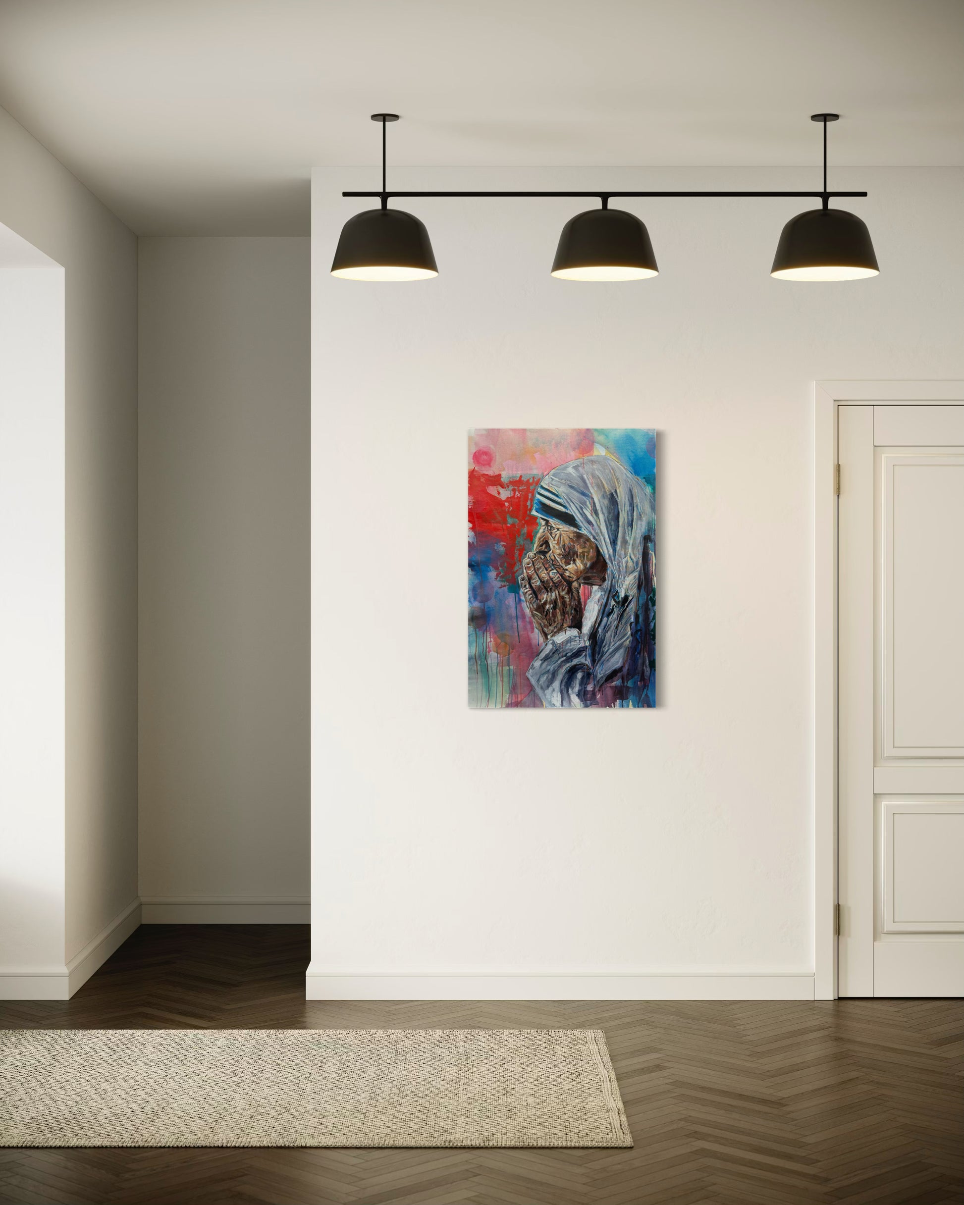 Mother Teresa Portrait Original Painting in hallway with spotlights