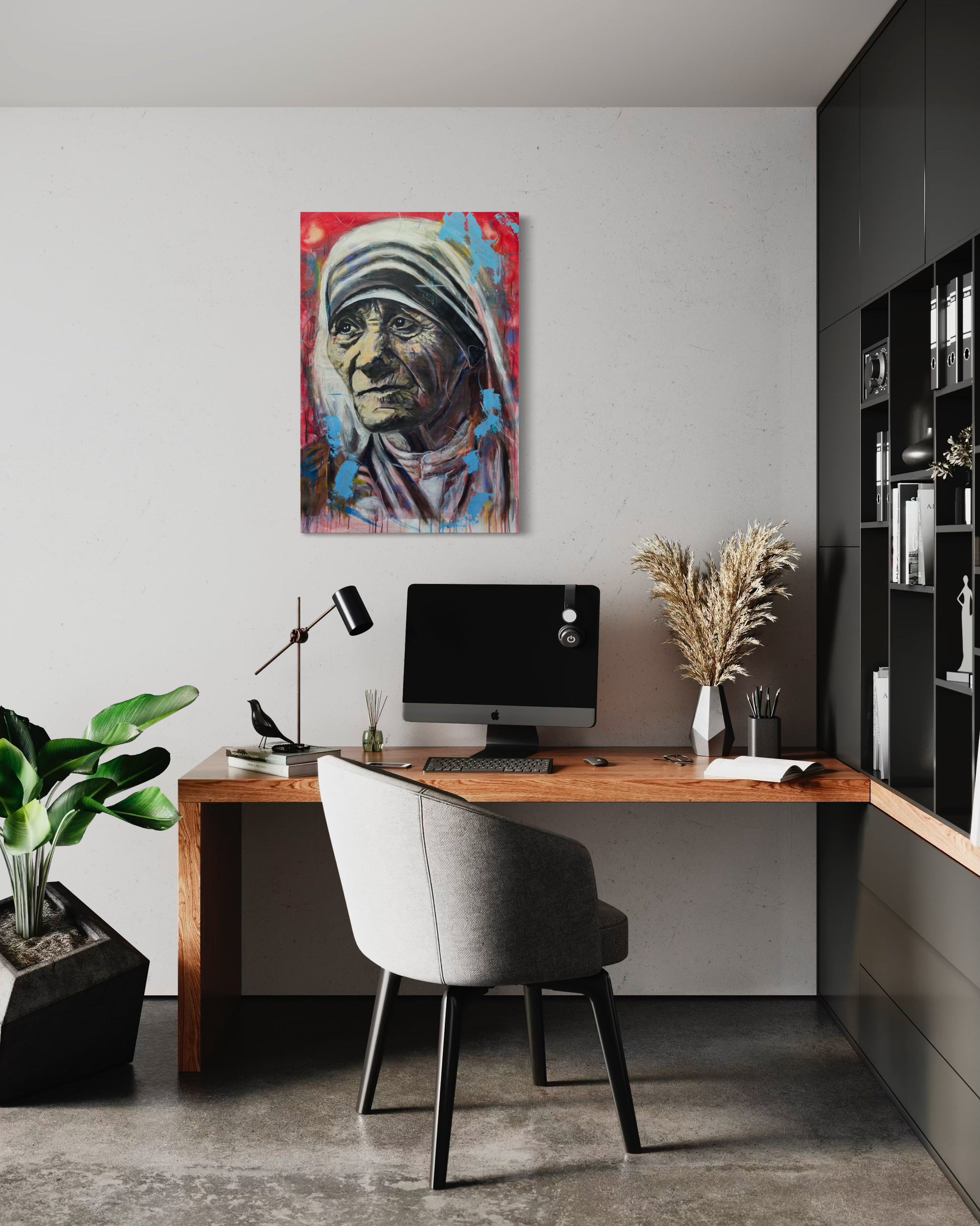 Mother Teresa Portrait Original Painting above dark graz office corner with cabinet