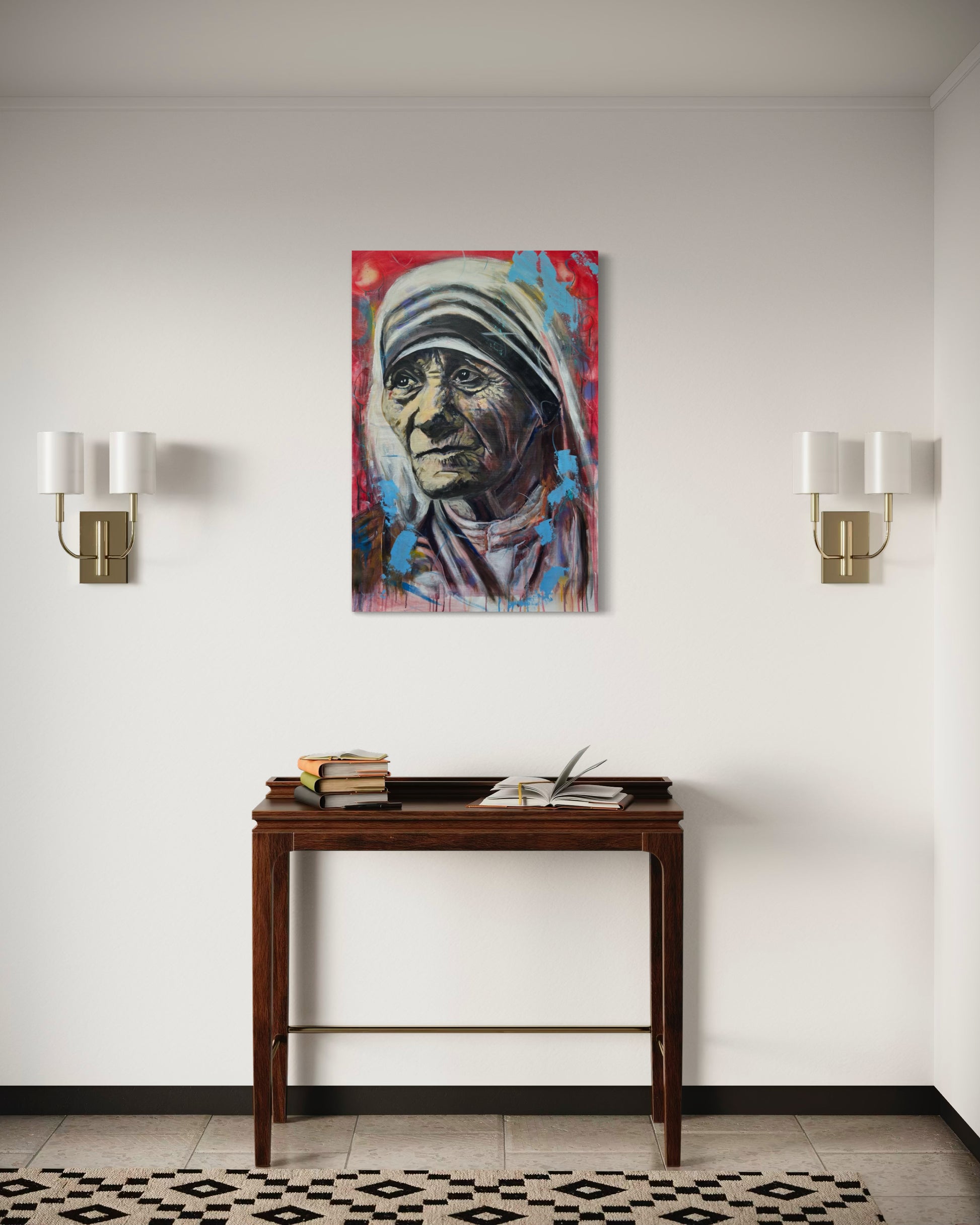 Mother Teresa Portrait Original Painting above hallway table