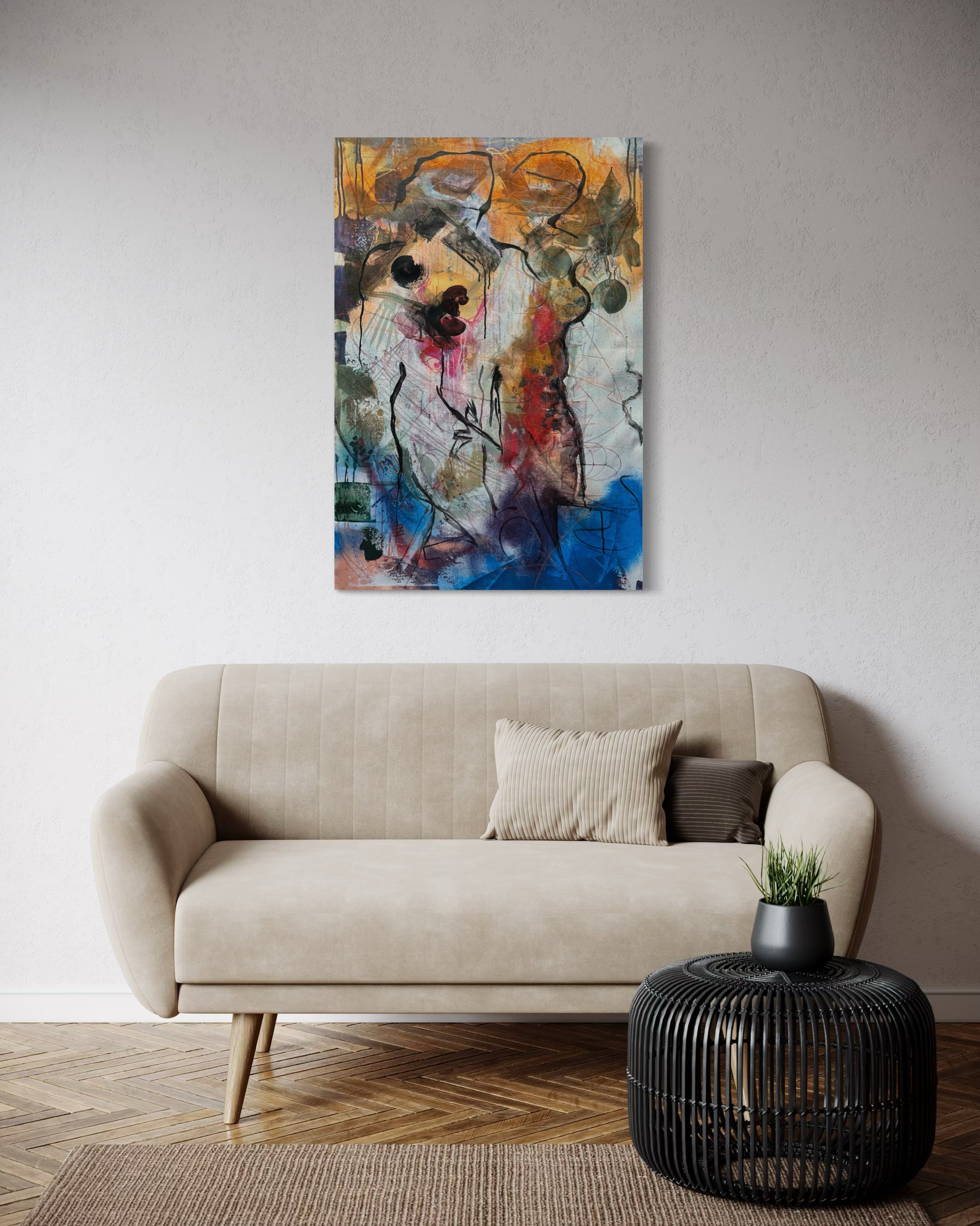 Mystery Bond Abstract Original Painting above a beige sofa