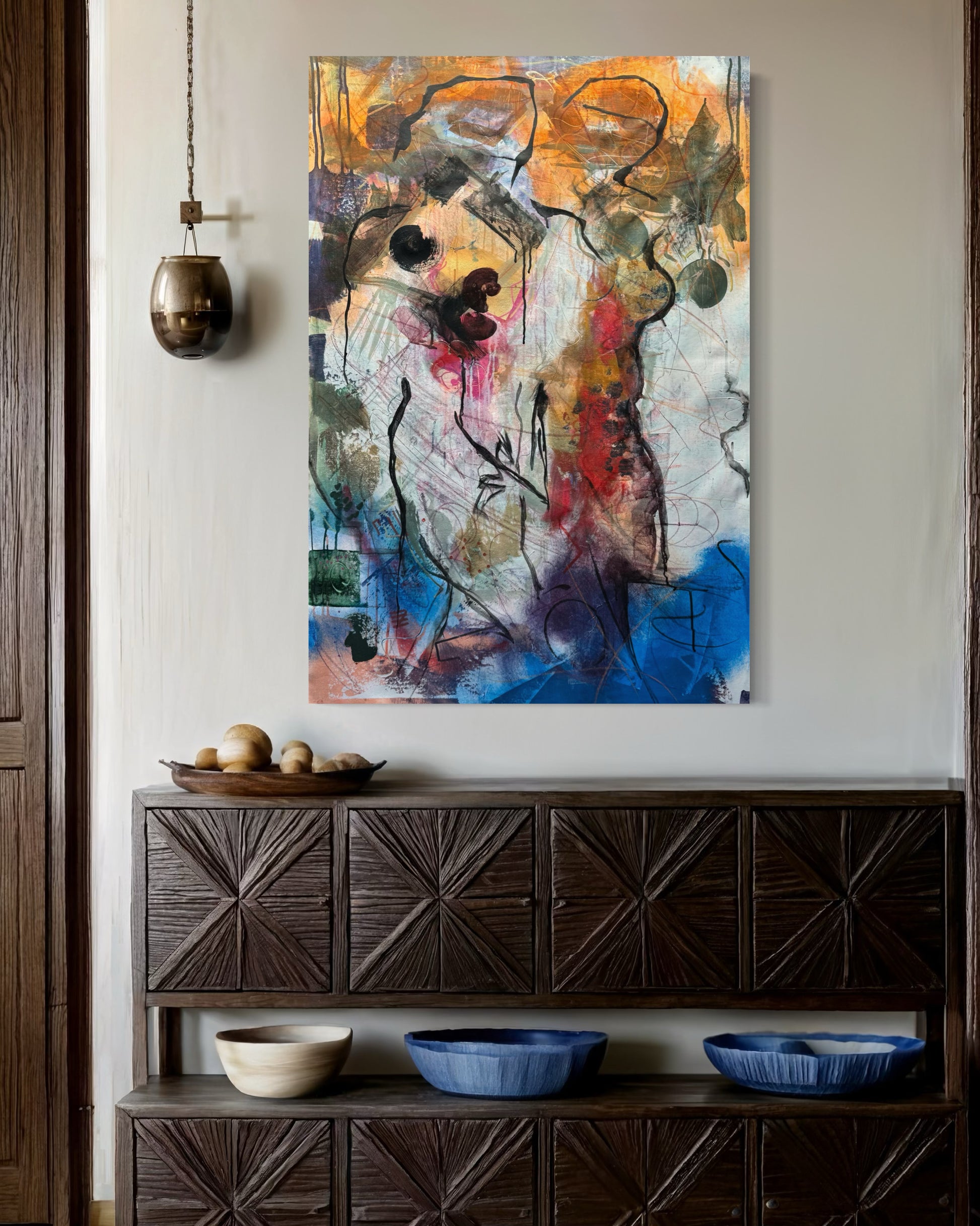 Mystery Bond Abstract Original Painting in interior scene with antique textures