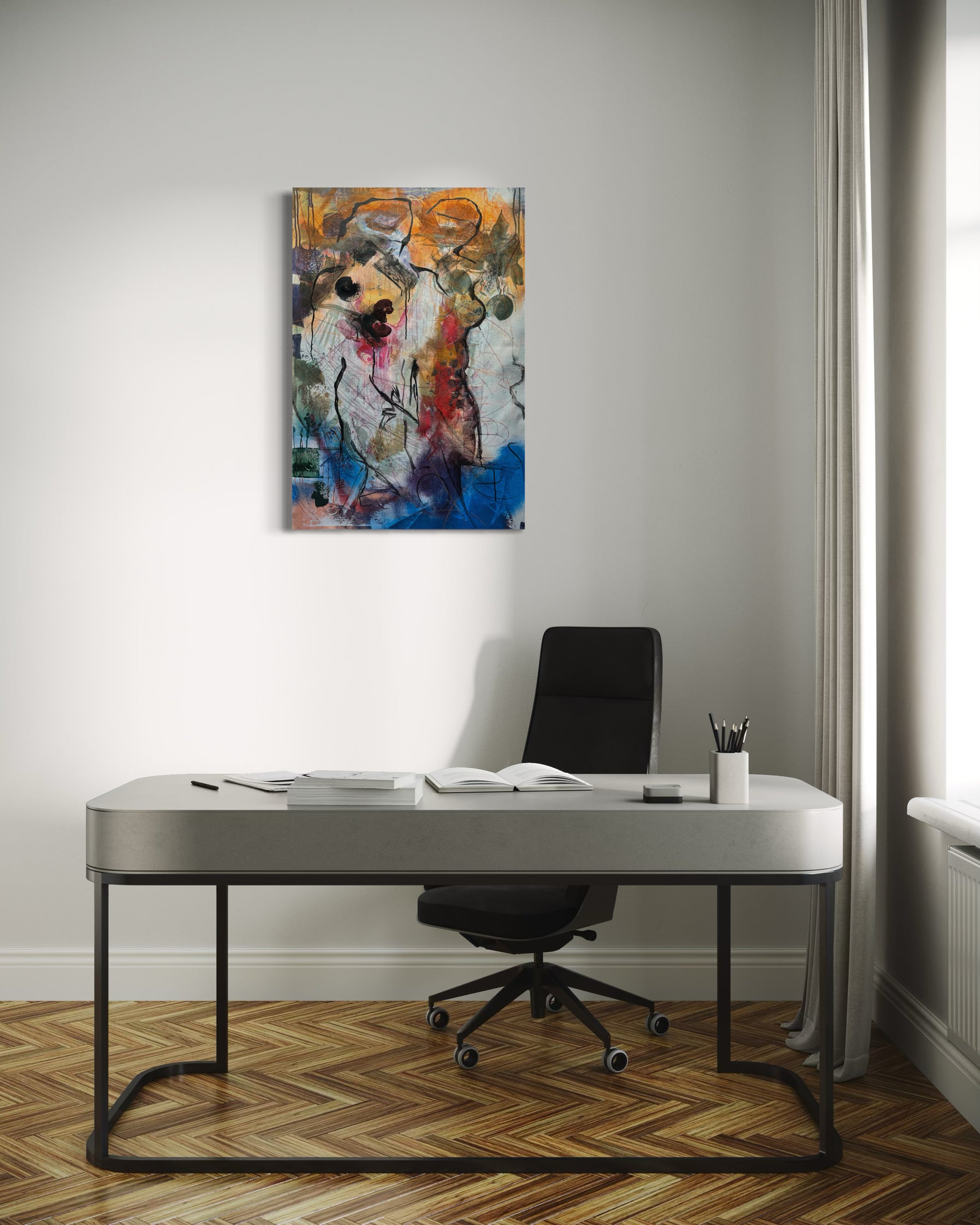 Mystery Bond Abstract Original Painting in a bright astefully designed workspace