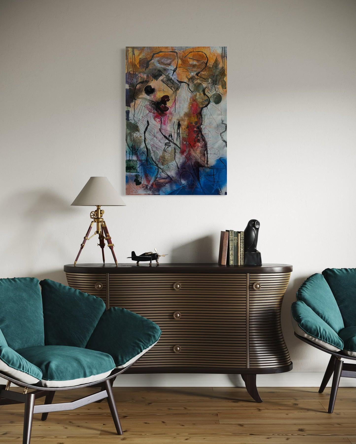 Mystery Bond Abstract Original Painting above modern sideboard