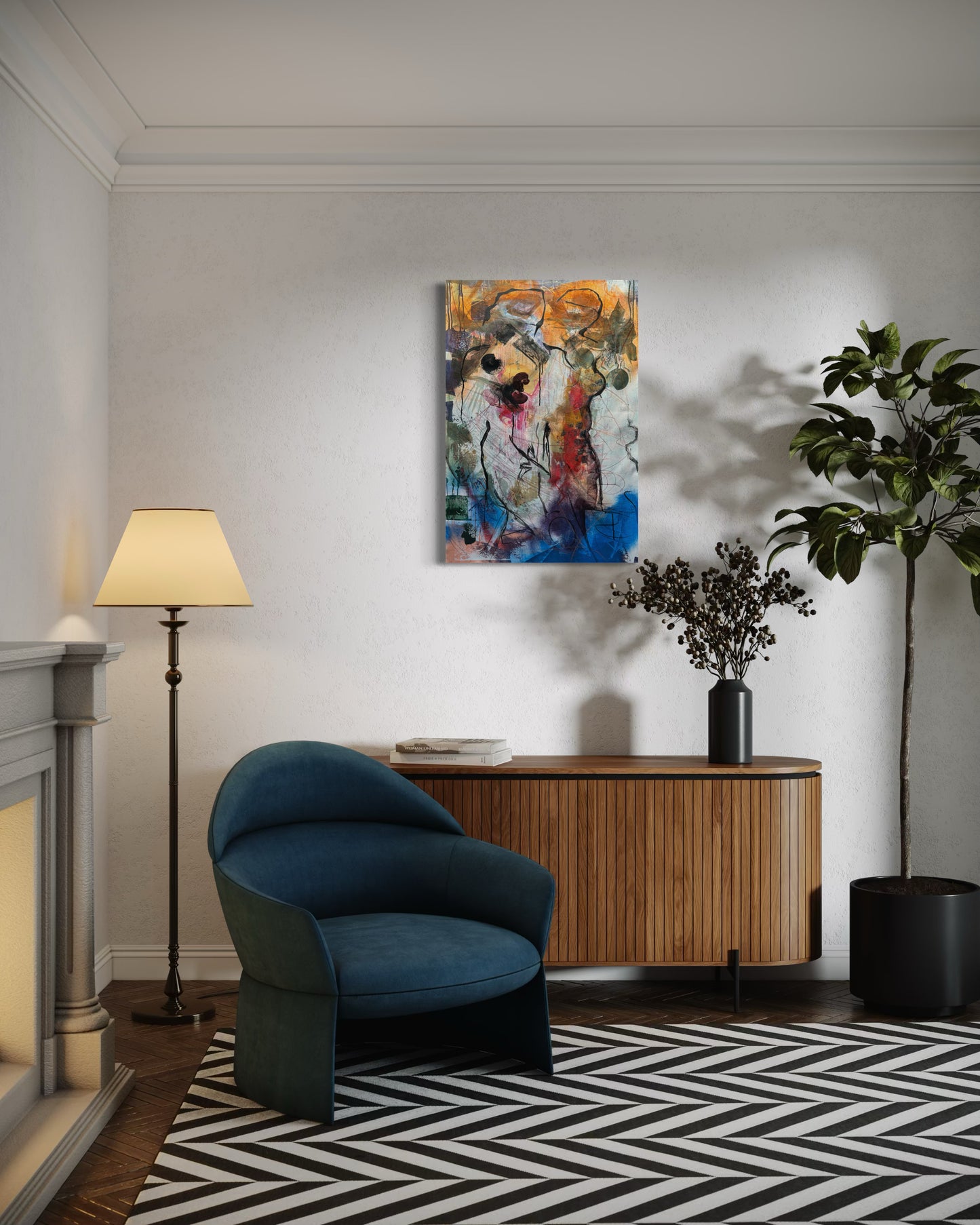 Mystery Bond Abstract Original Painting above wooden sideboard next fire place