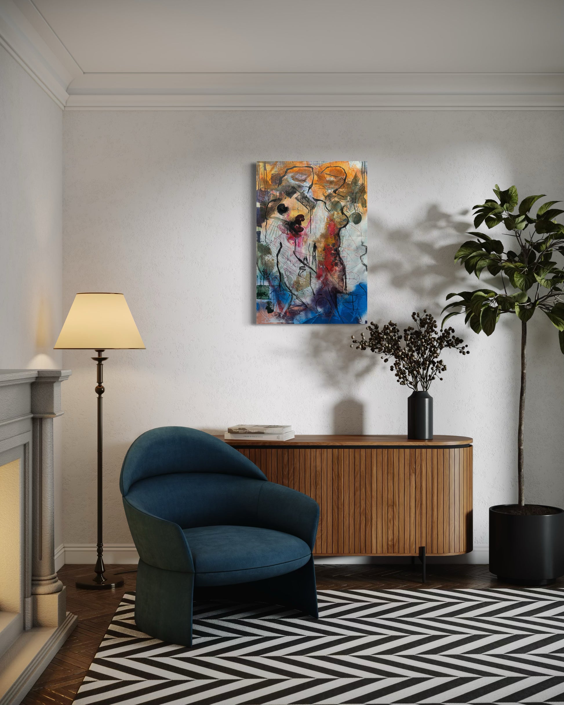 Mystery Bond Abstract Original Painting above wooden sideboard next fire place