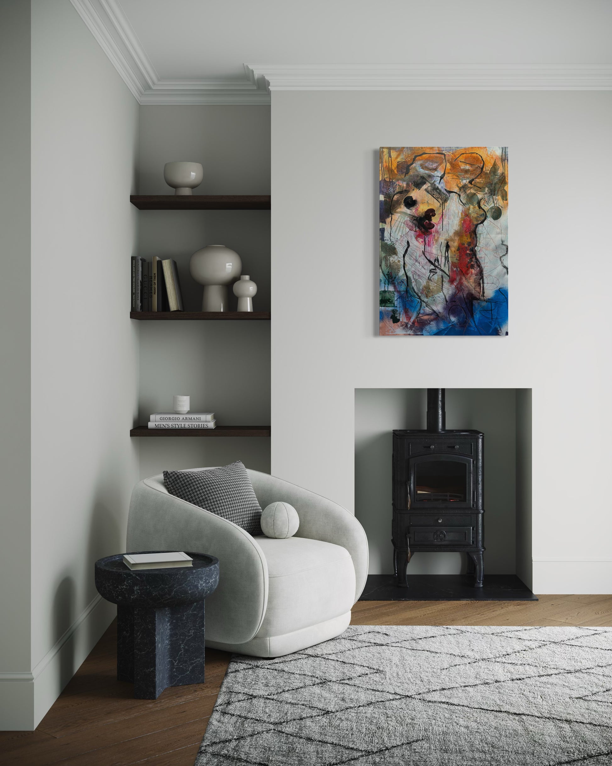 Mystery Bond Abstract Original Painting abovea cozy lounge with fire place