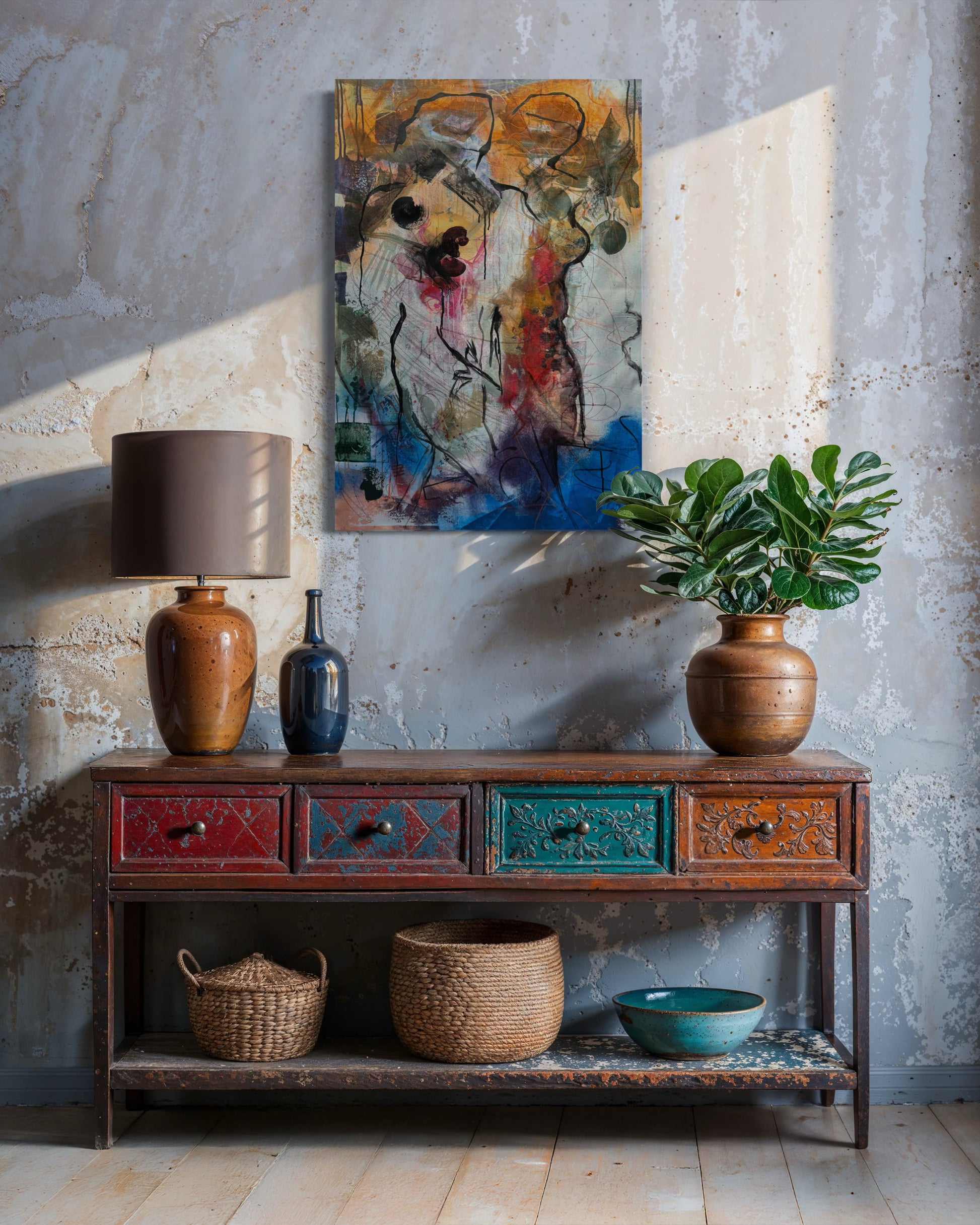Mystery Bond Abstract Original Painting above colorful vintage console table