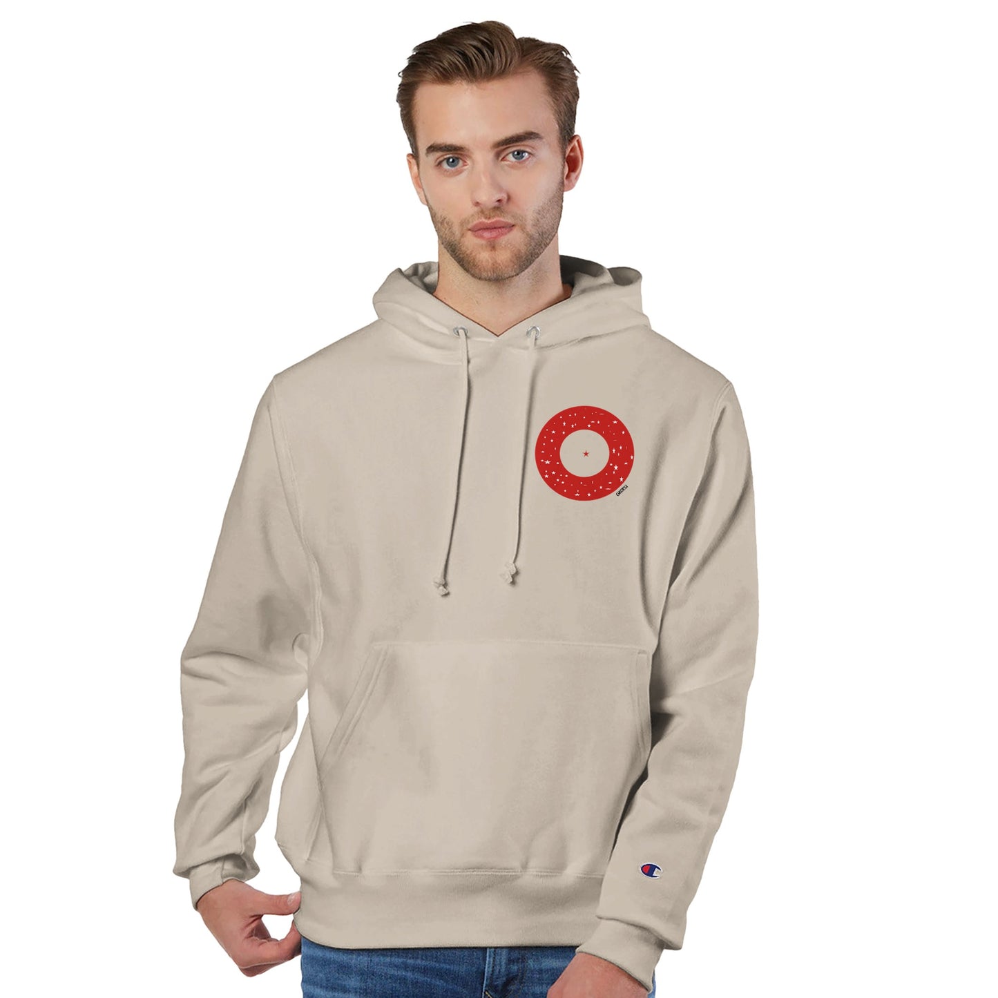 N YOUR CENTER Champion Hoodie front view man wearing sand hoodie empowering design