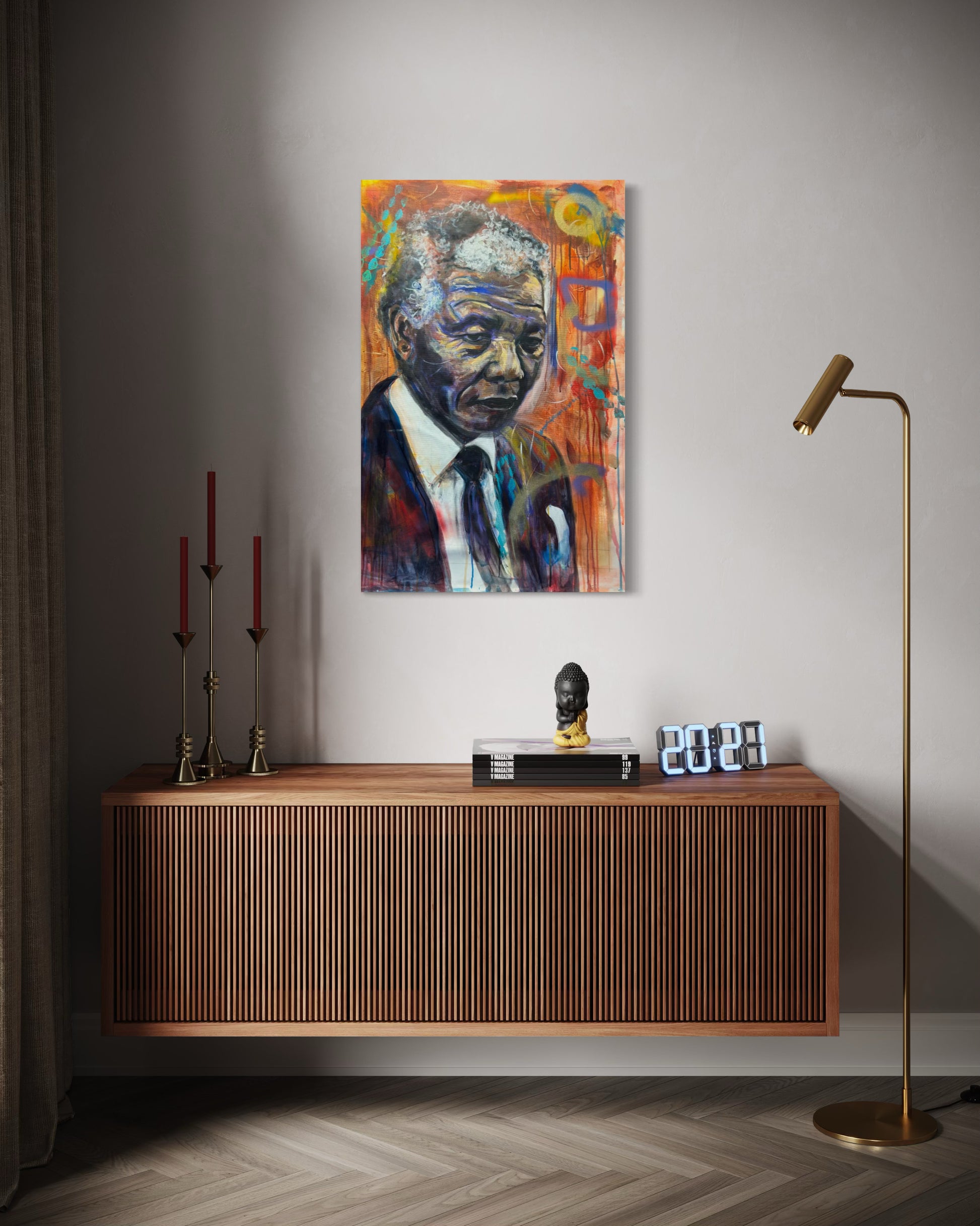 Nelson Mandela 1 Portrait Original Painting  above wooden dresser