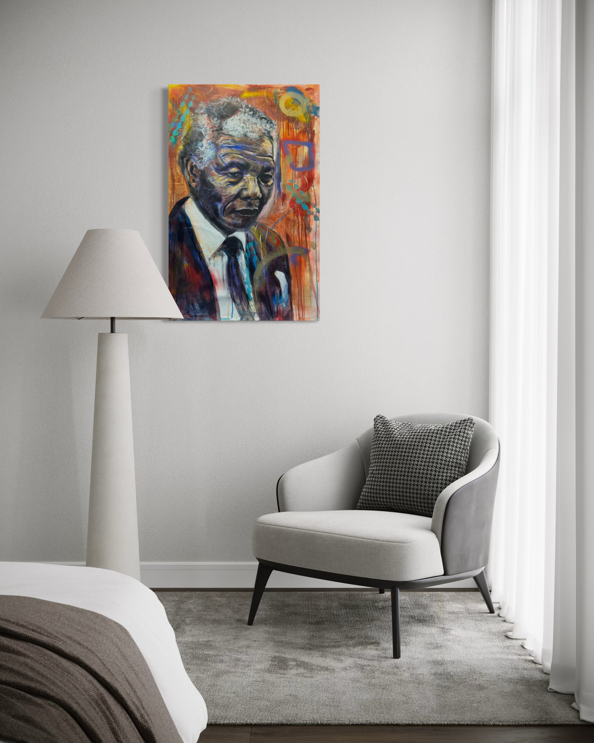 Nelson Mandela 1 Portrait Original Painting  above corner sofa in bedroom