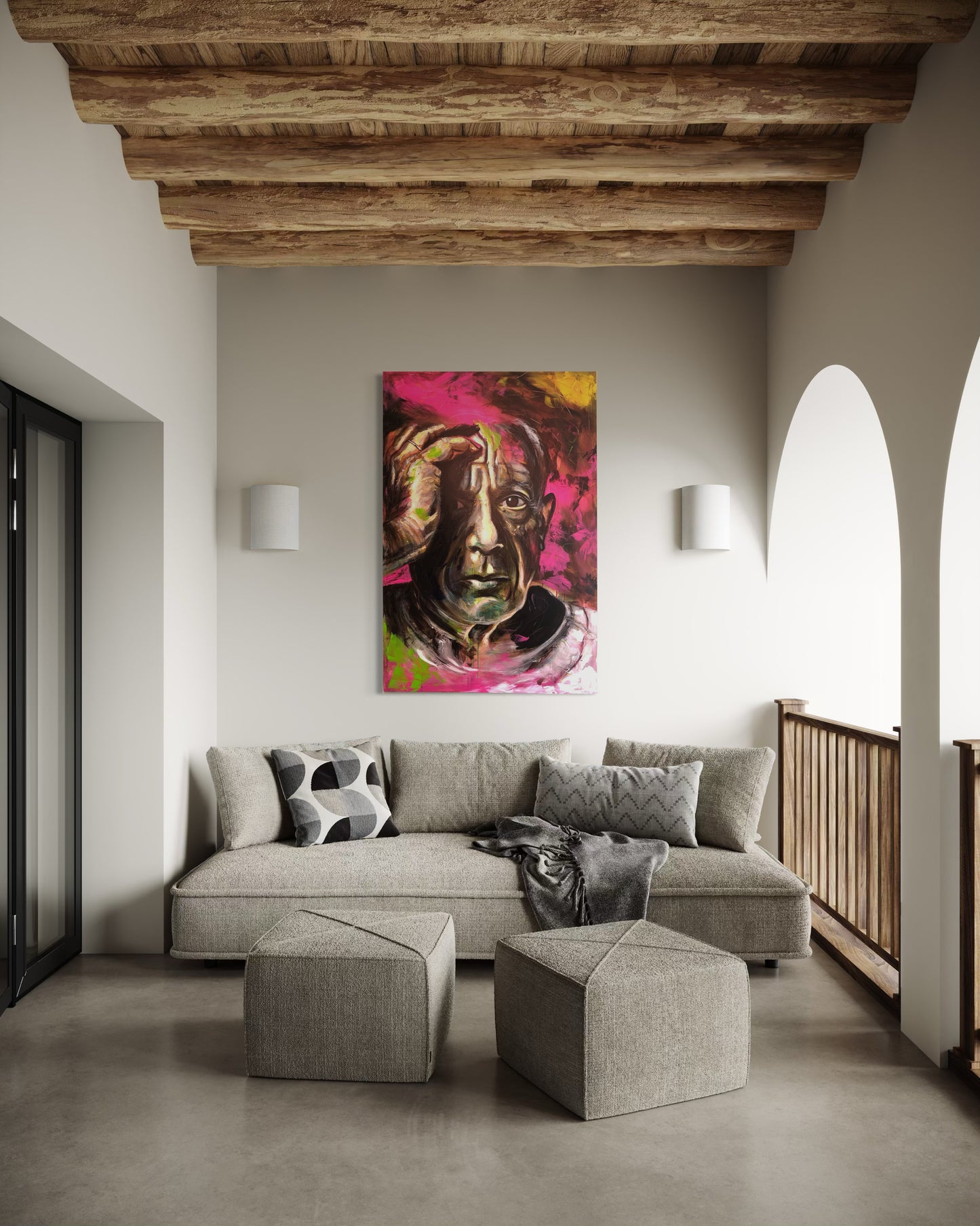 Pablo Picasso Portrait Original Painting on covered balcony with seating area