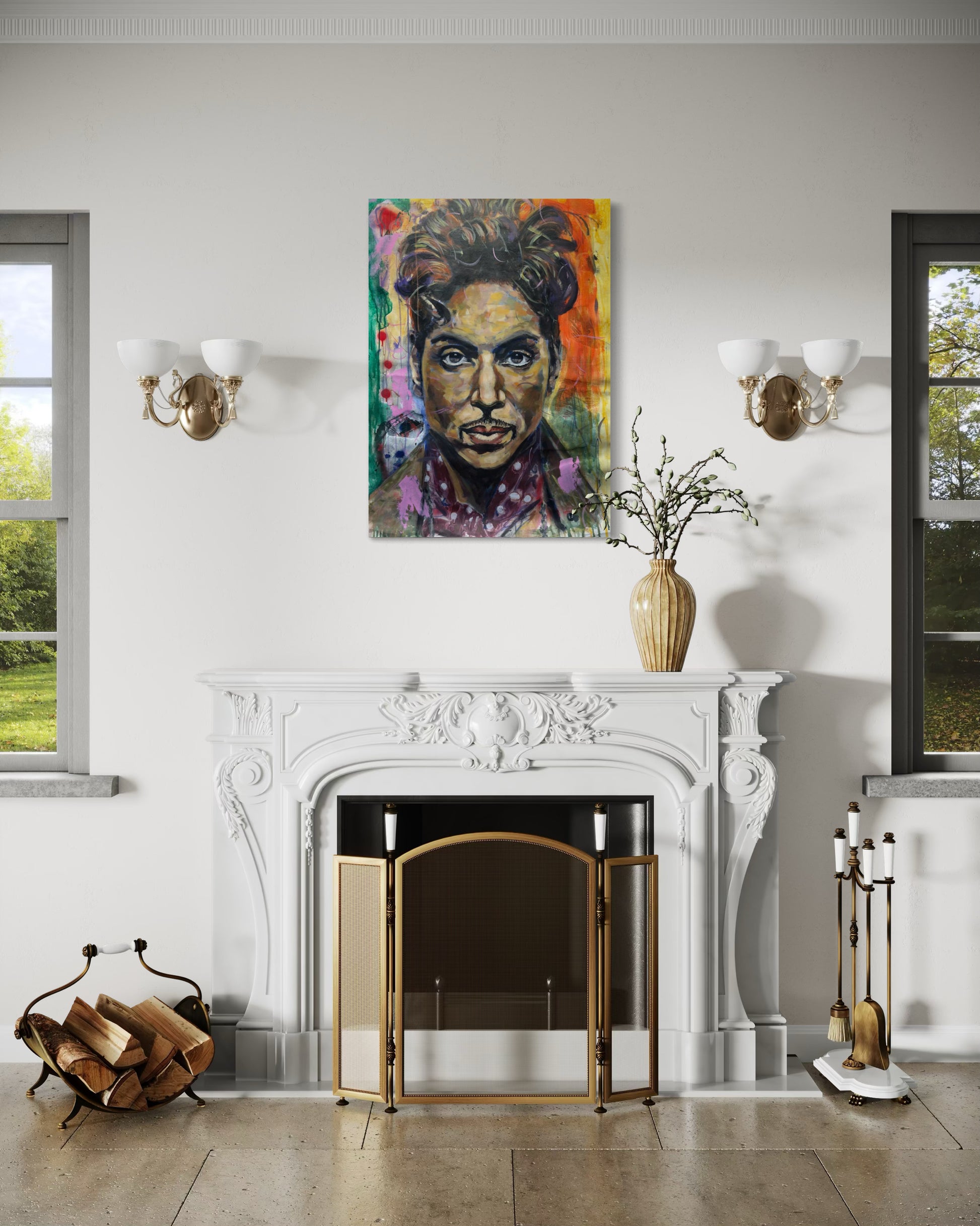 Prince Portrait Original Painting above fire place in classic room