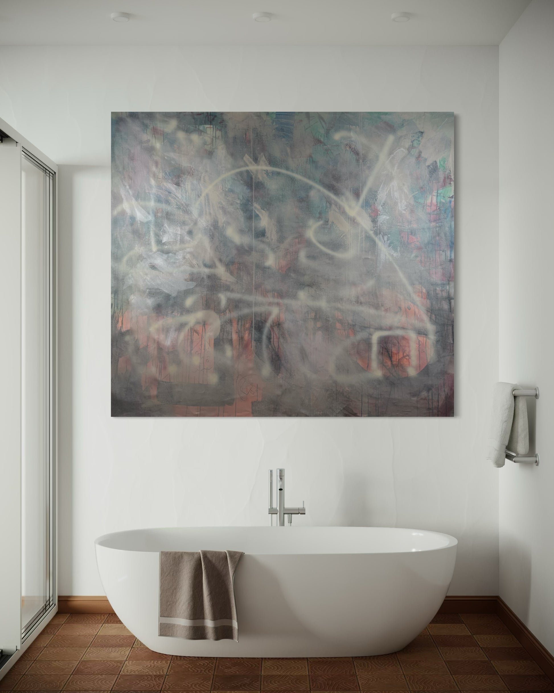 Relaxing Calming Abstract Original Painting in minimalist bathroom