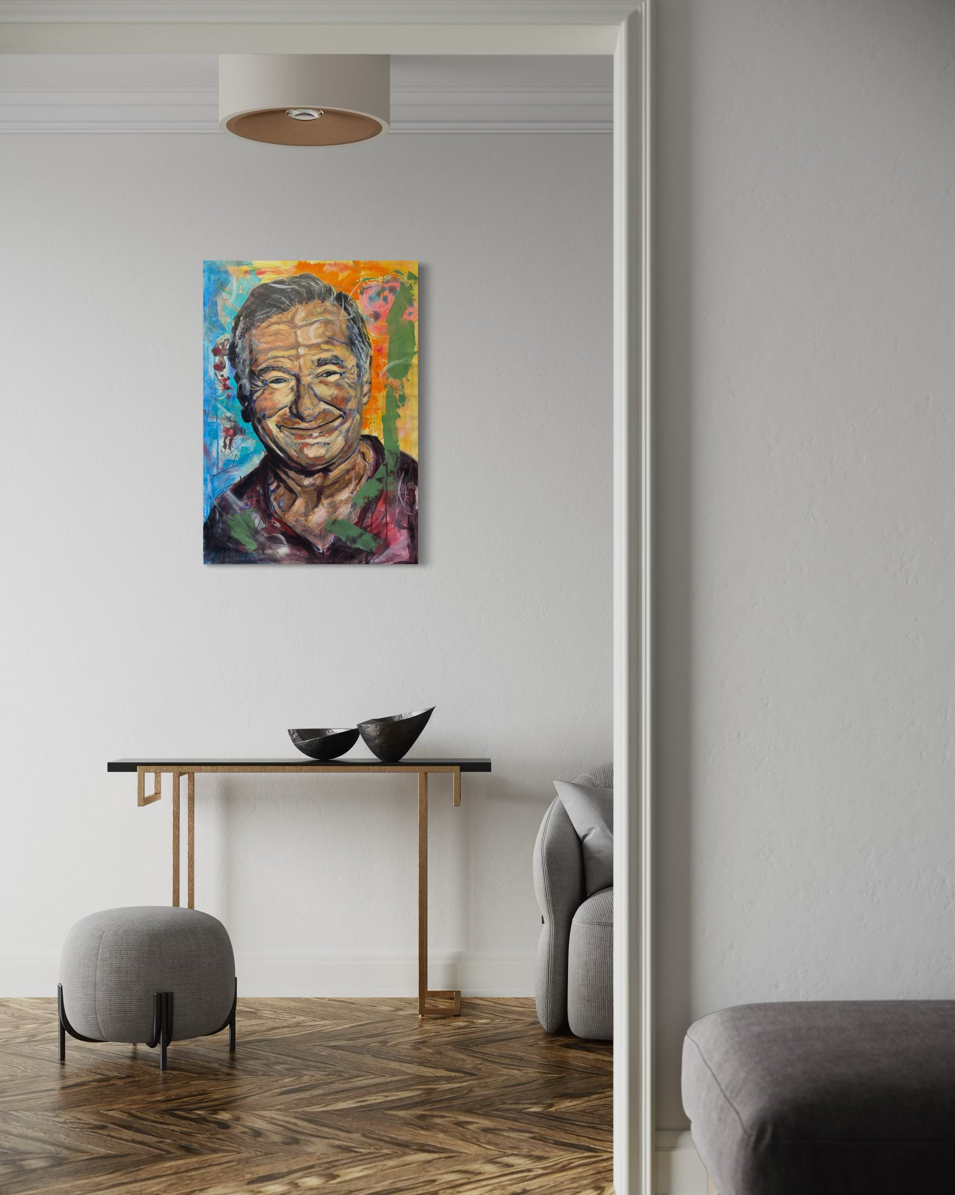 Robin Williams Portrait Original Painting over stylish hallway table