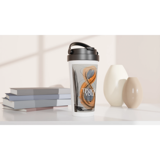 SHINY SUN Travel Mug in office setting with Mindful Quotes & Soul Notes