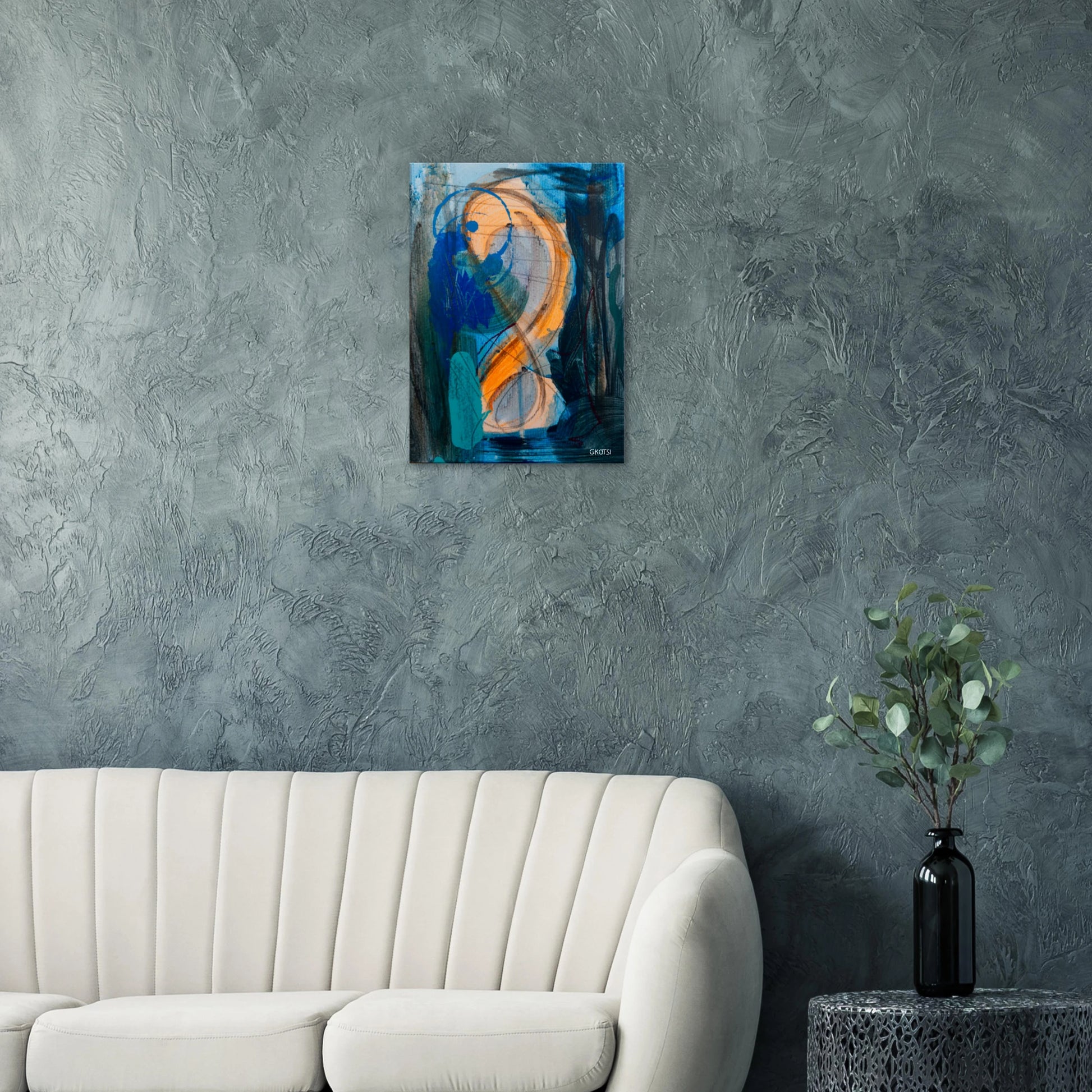 SHINY SUN canvas print above grey sofa in living room