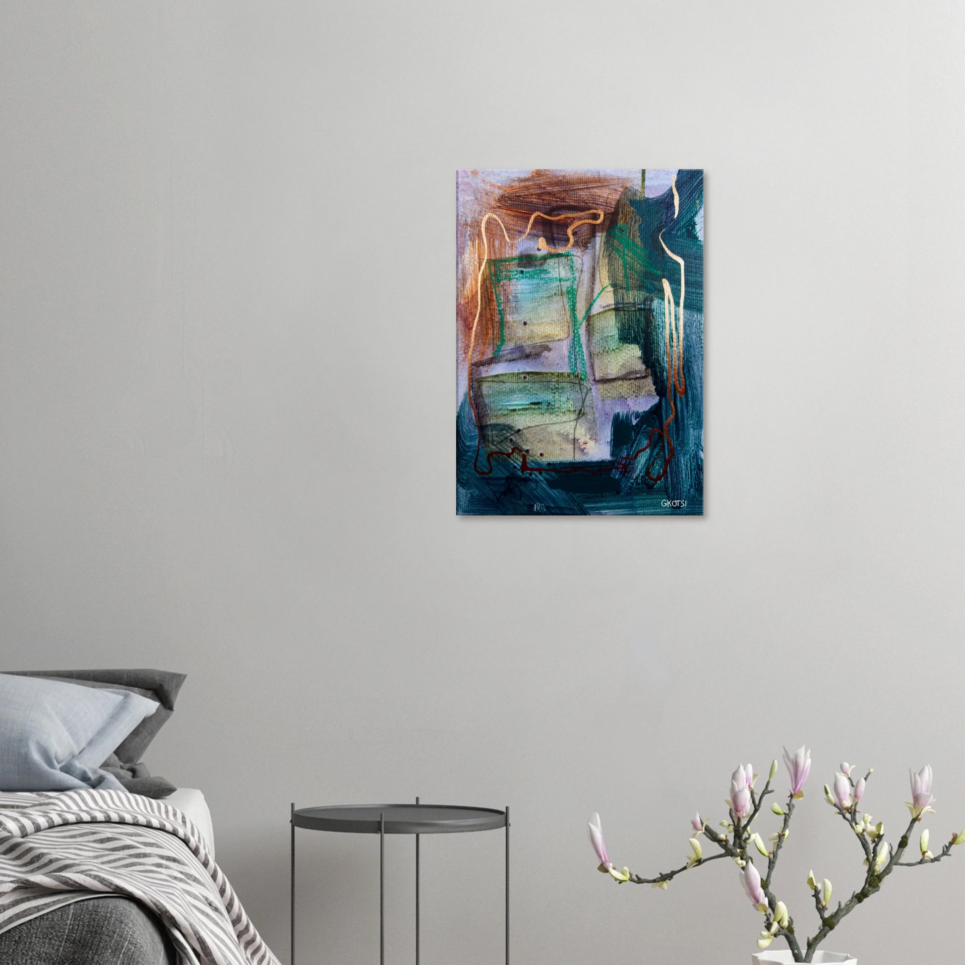 STRUCTURALLY canvas print above bed with flower vase in bedroom