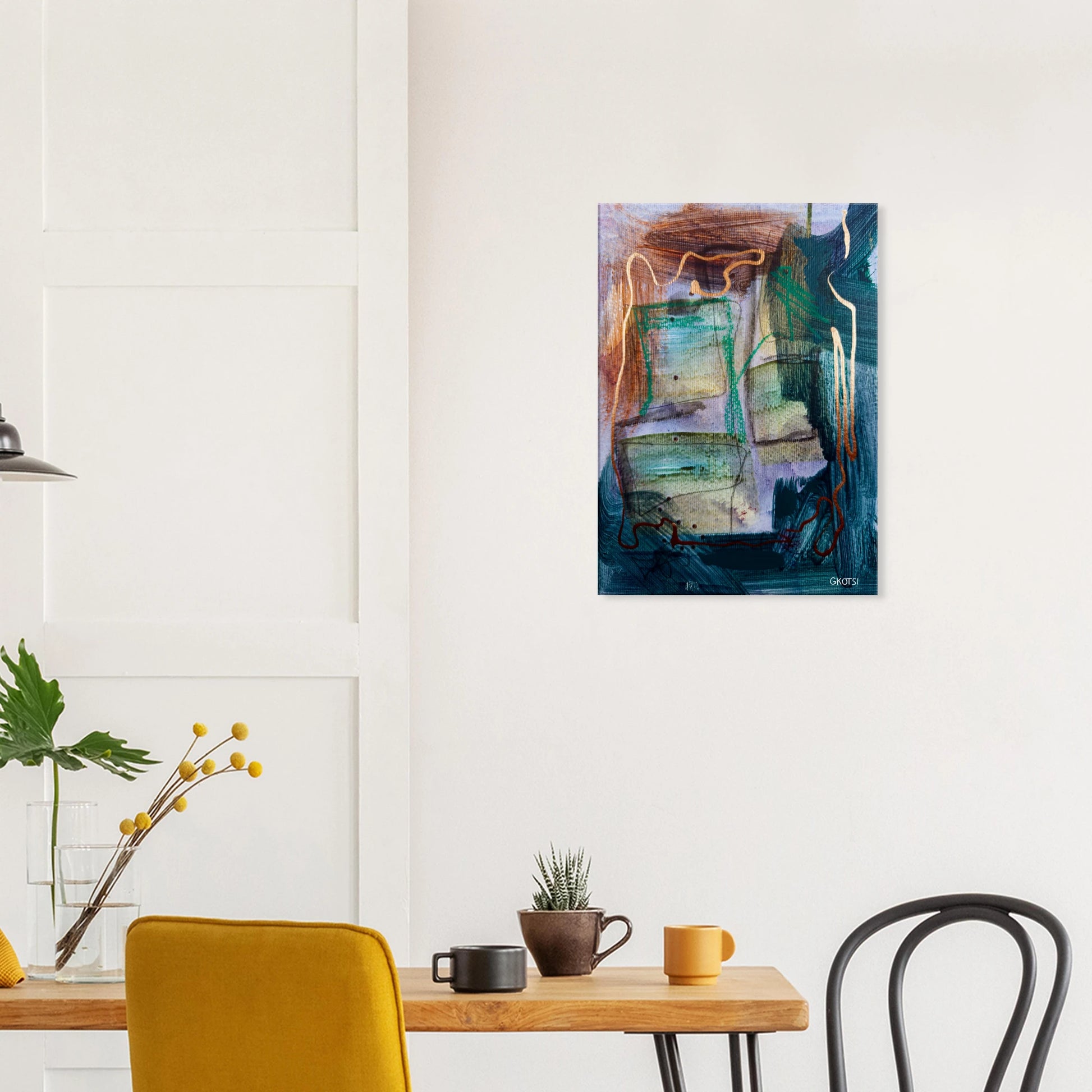 STRUCTURALLY canvas print above breakfast table in dining area