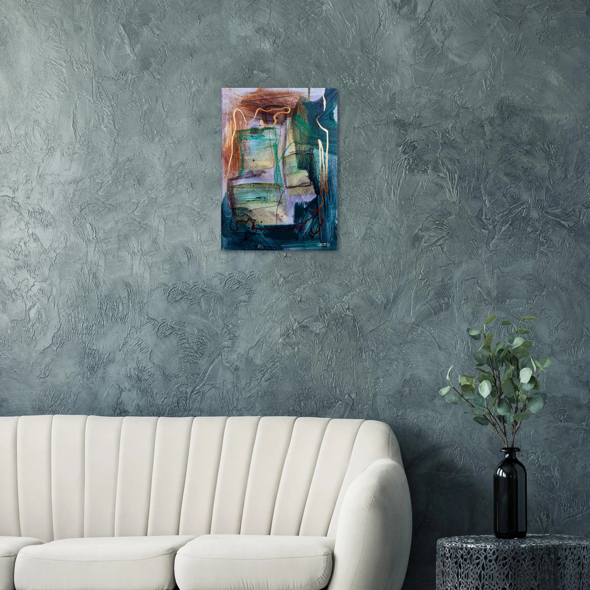 STRUCTURALLY canvas print above grey sofa in living room