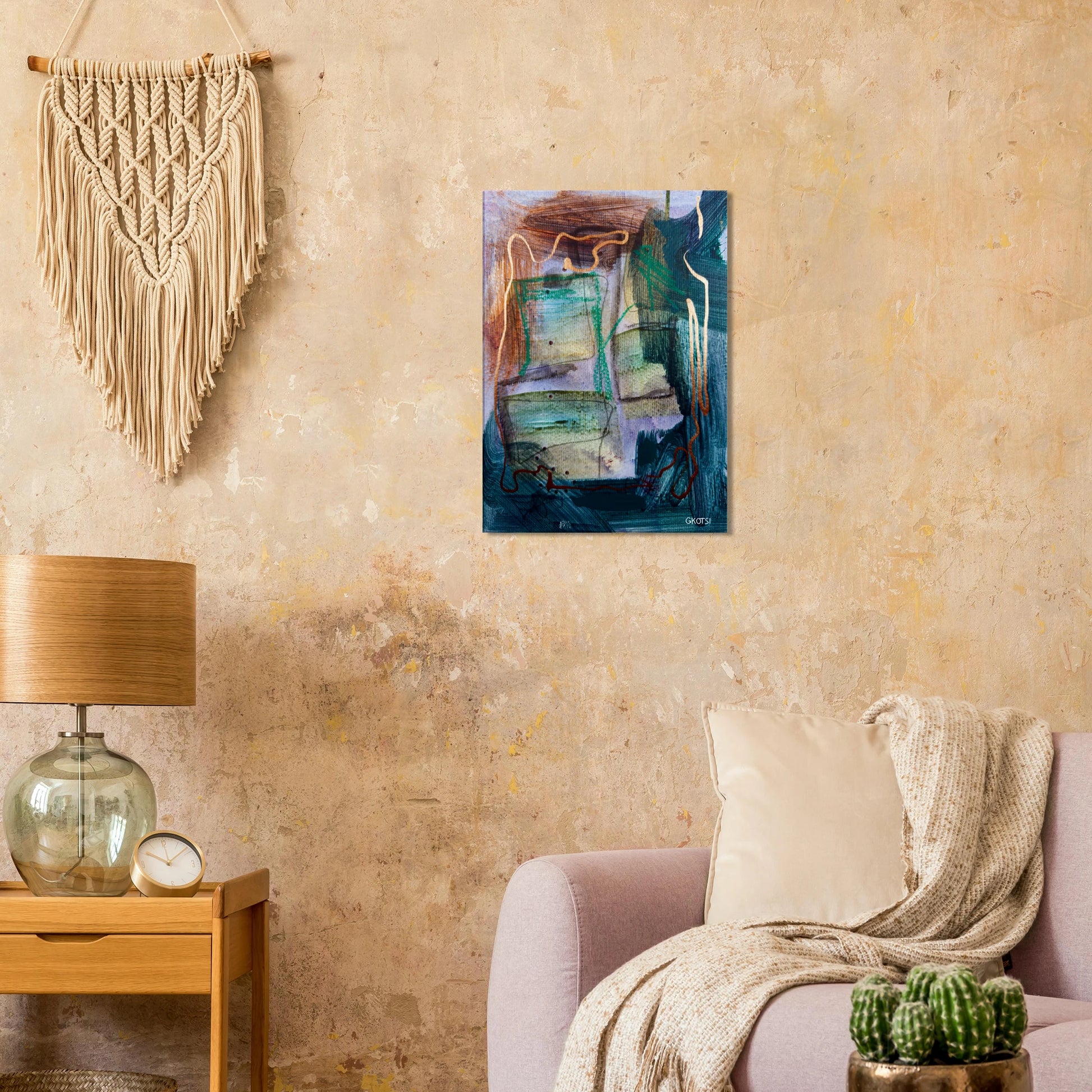 STRUCTURALLY canvas print in light brown living room interior