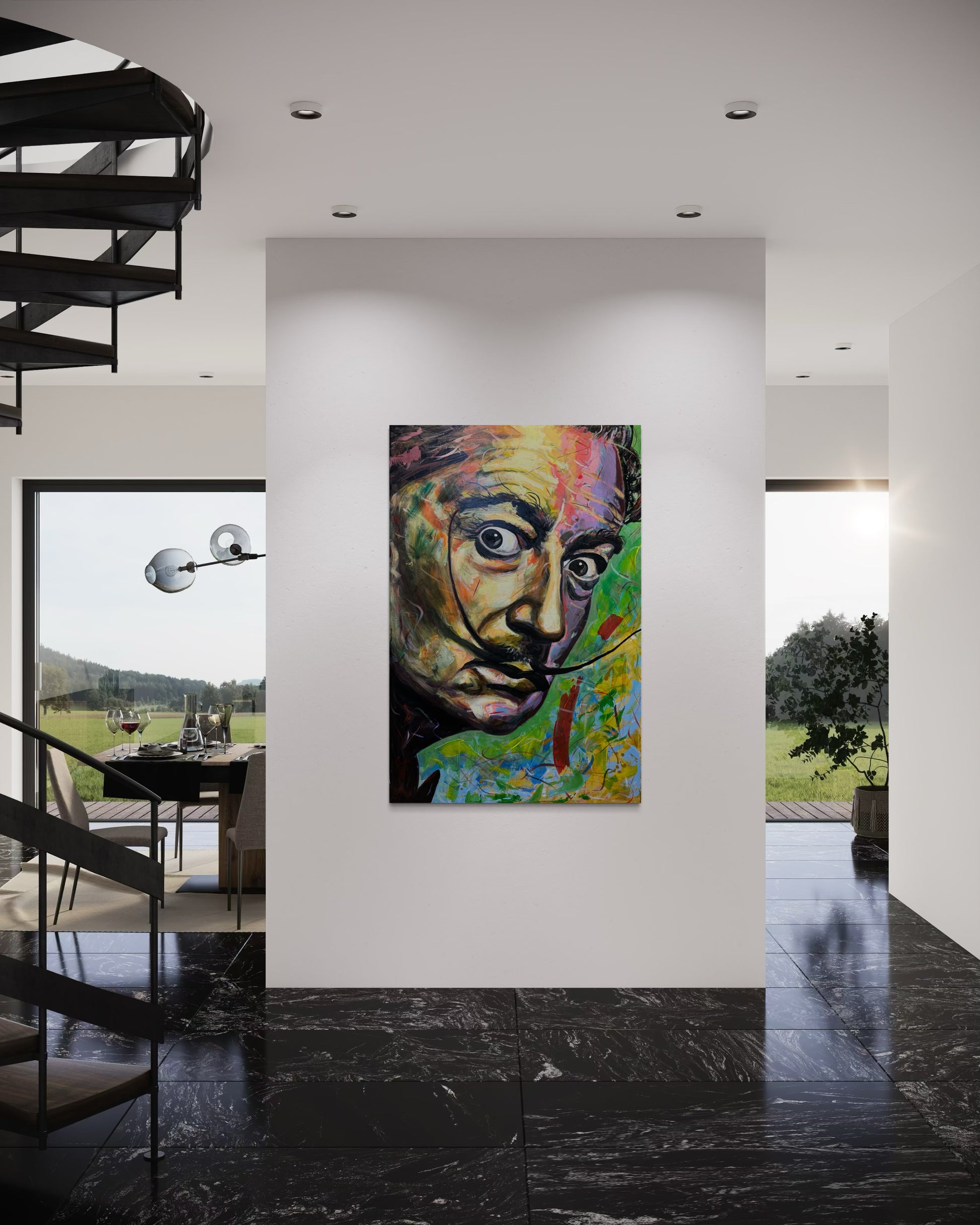 Salvador Dali Portrait Original Painting in luxury maisonette with black marble floor