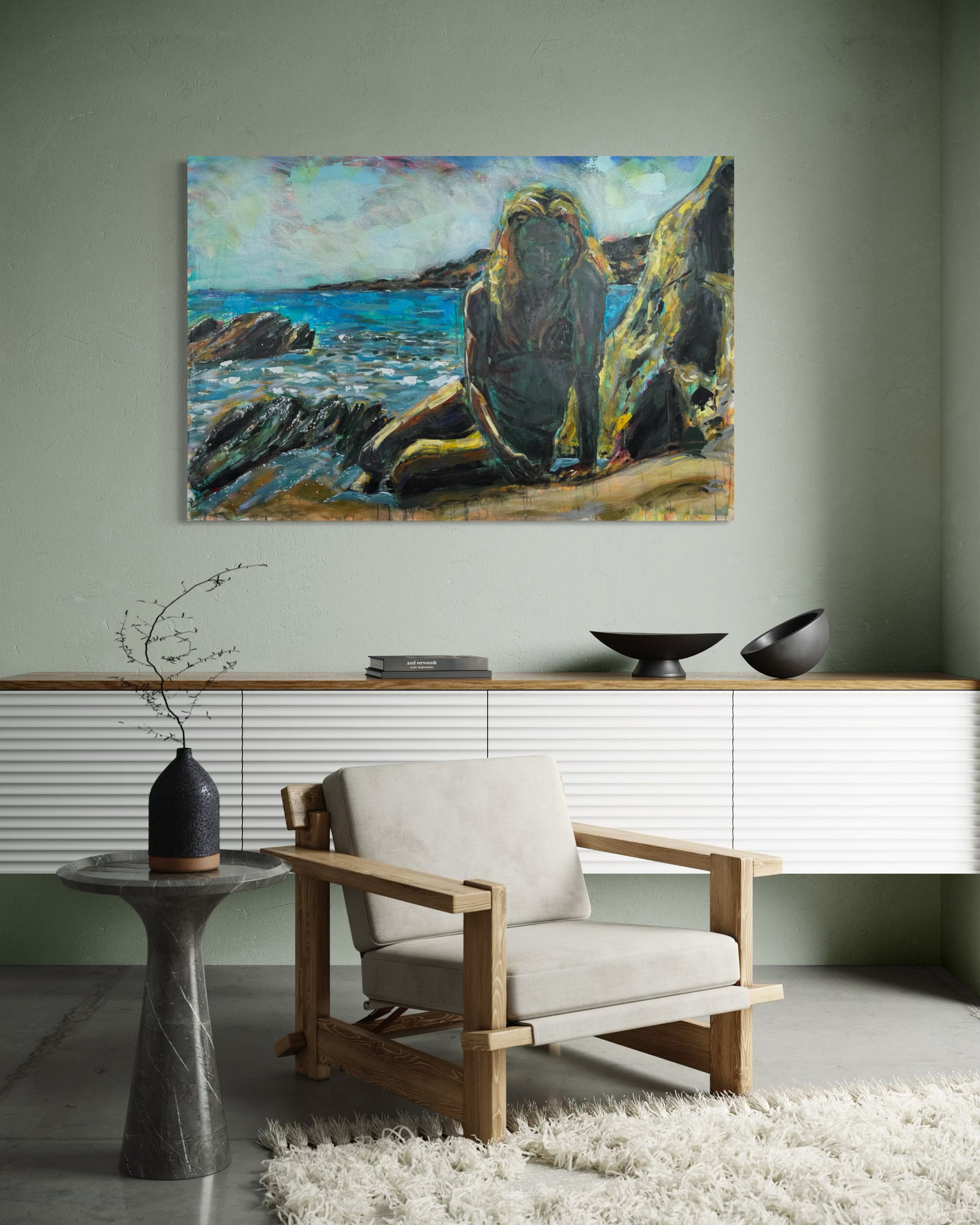 Tinos Greece Original Painting above stylish modern large sideboard