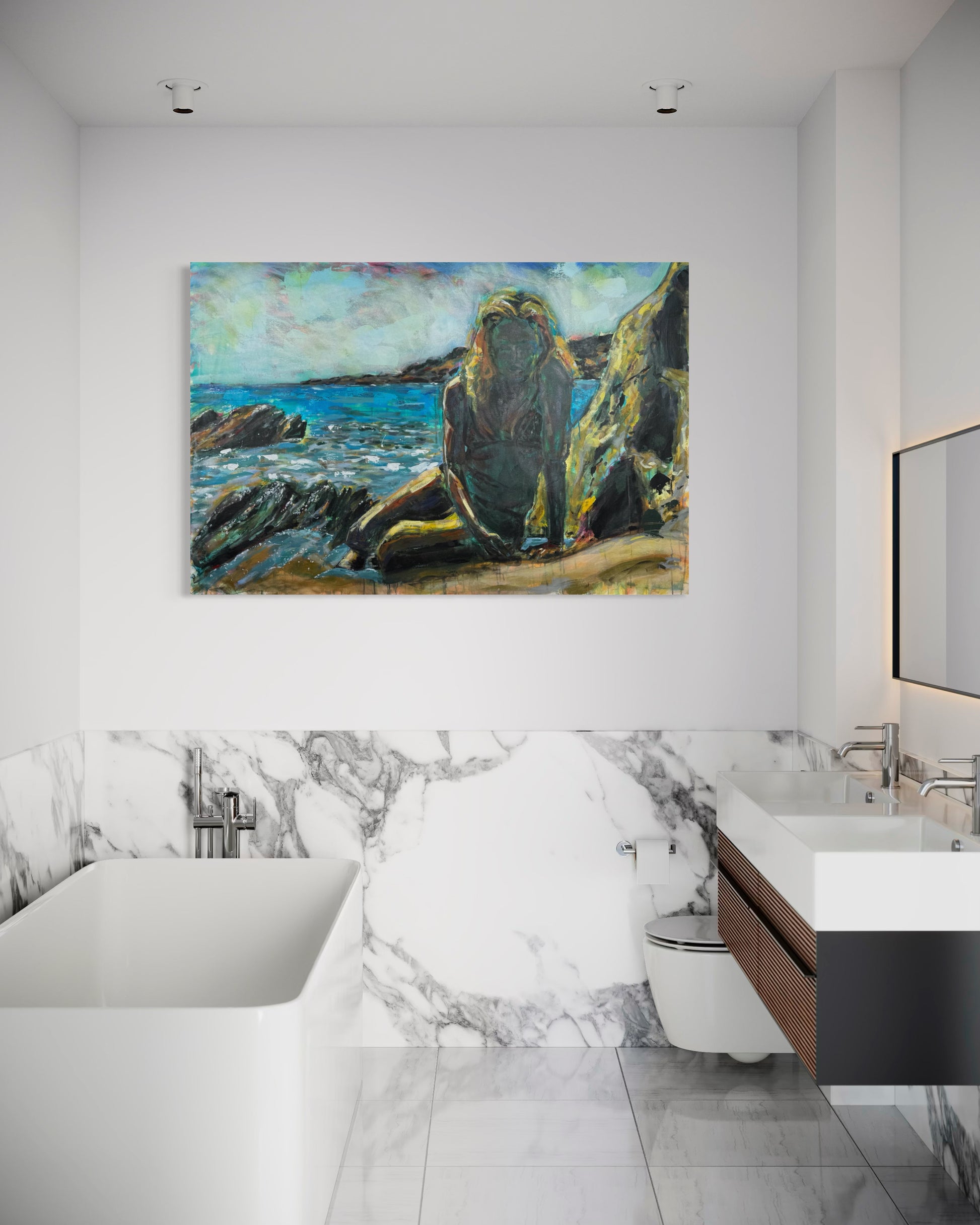 Tinos Greece Original Painting in a luxury marble bathroom