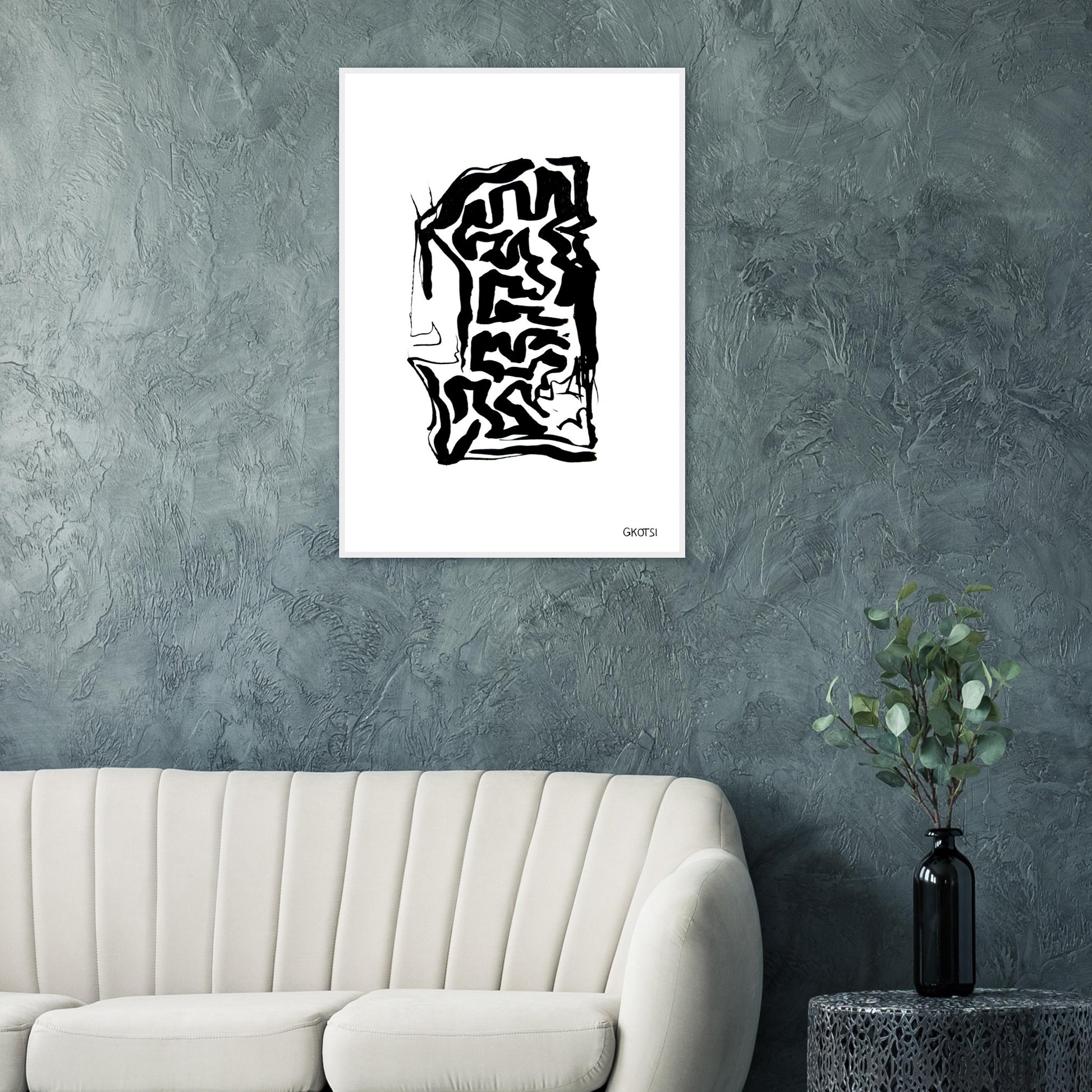 TRANSFORMING poster print above grey sofa in living room